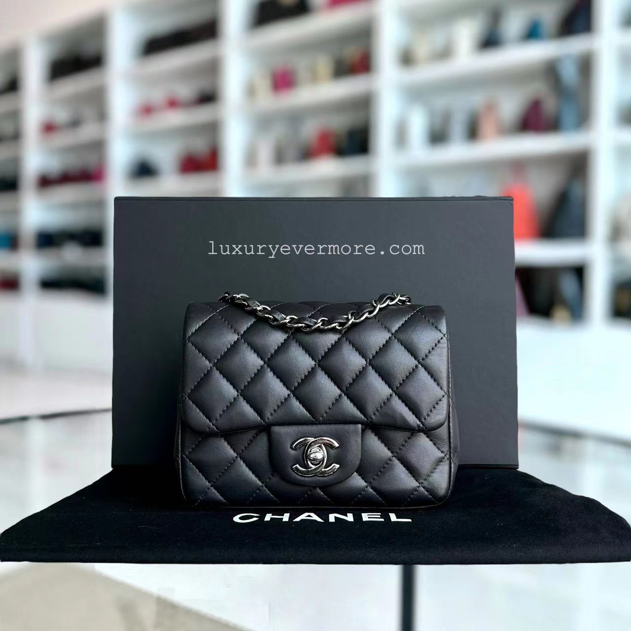 Chanel Mini Square Classic Flap Quilted Lambskin Dark Grey Gray Silver Hardware Series 16