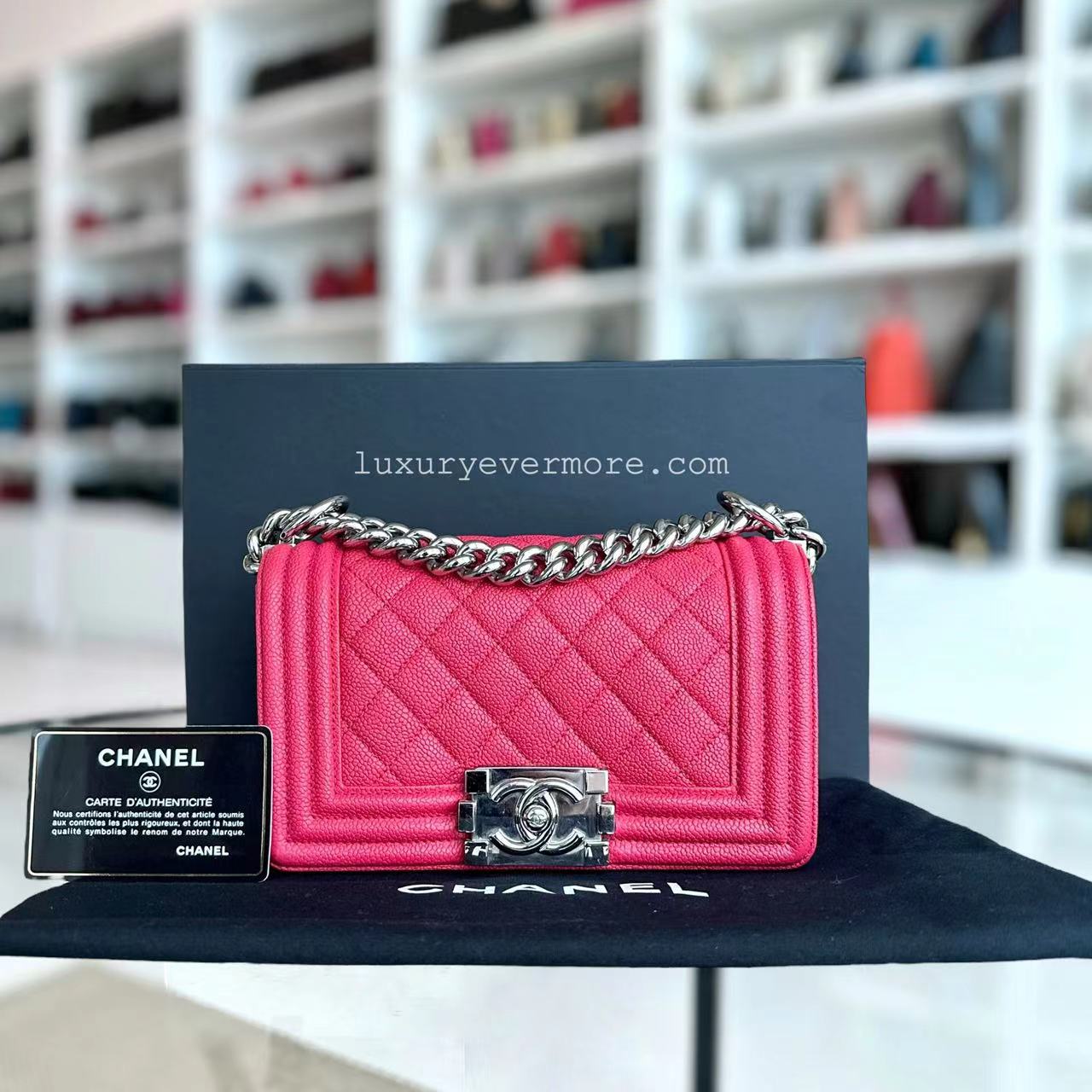 Chanel Boy Bag Small Hot Pink Quilted Caviar Grained Calfskin with Silver Hardware Series 25