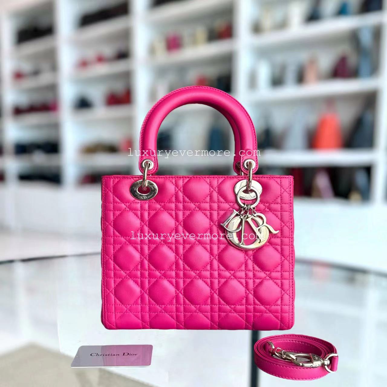 Dior Lady Medium - Cannage Lambskin Hot Pink Golden Hardware