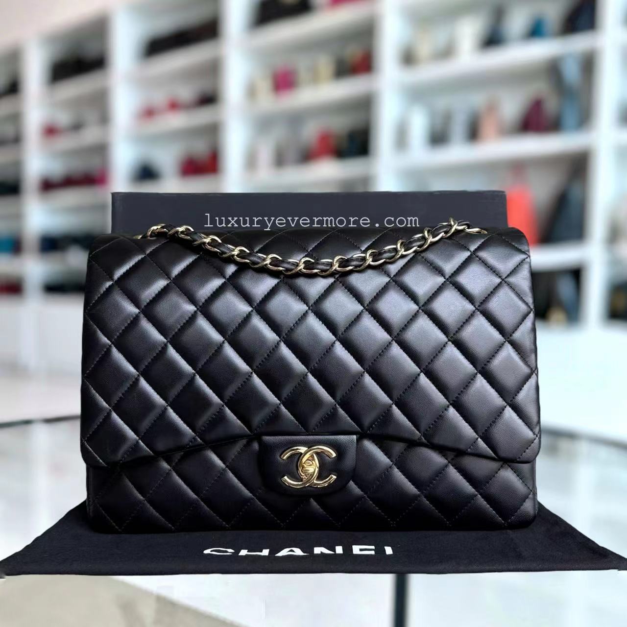 Chanel Classic Flap Maxi - Double Flap Quilted Lambskin Black Gold Hardware Series 16