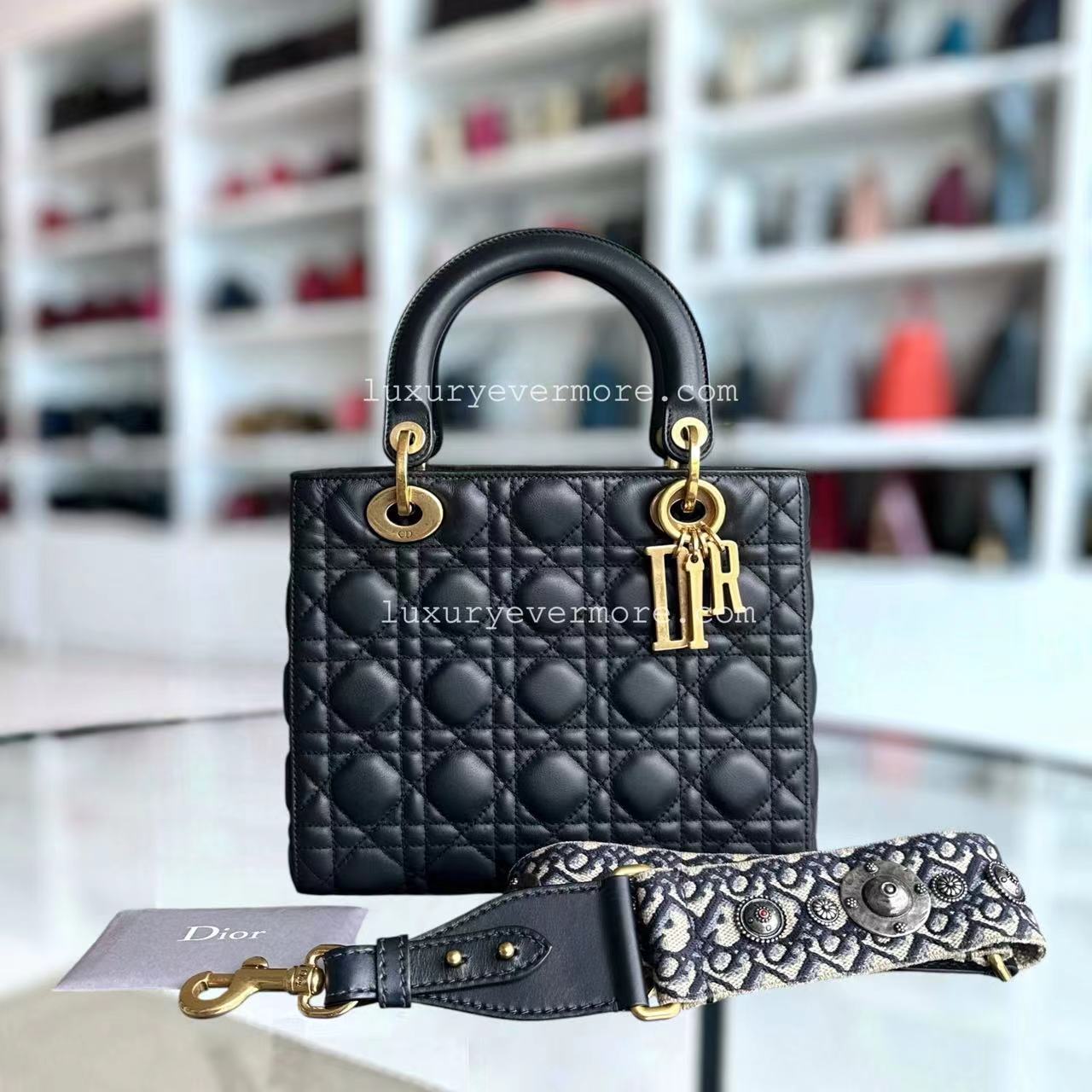 *Calfskin, Flap, With Strap* Dior Lady Medium - Calfskin Cannage Calfskin Dark Blue Golden Hardware