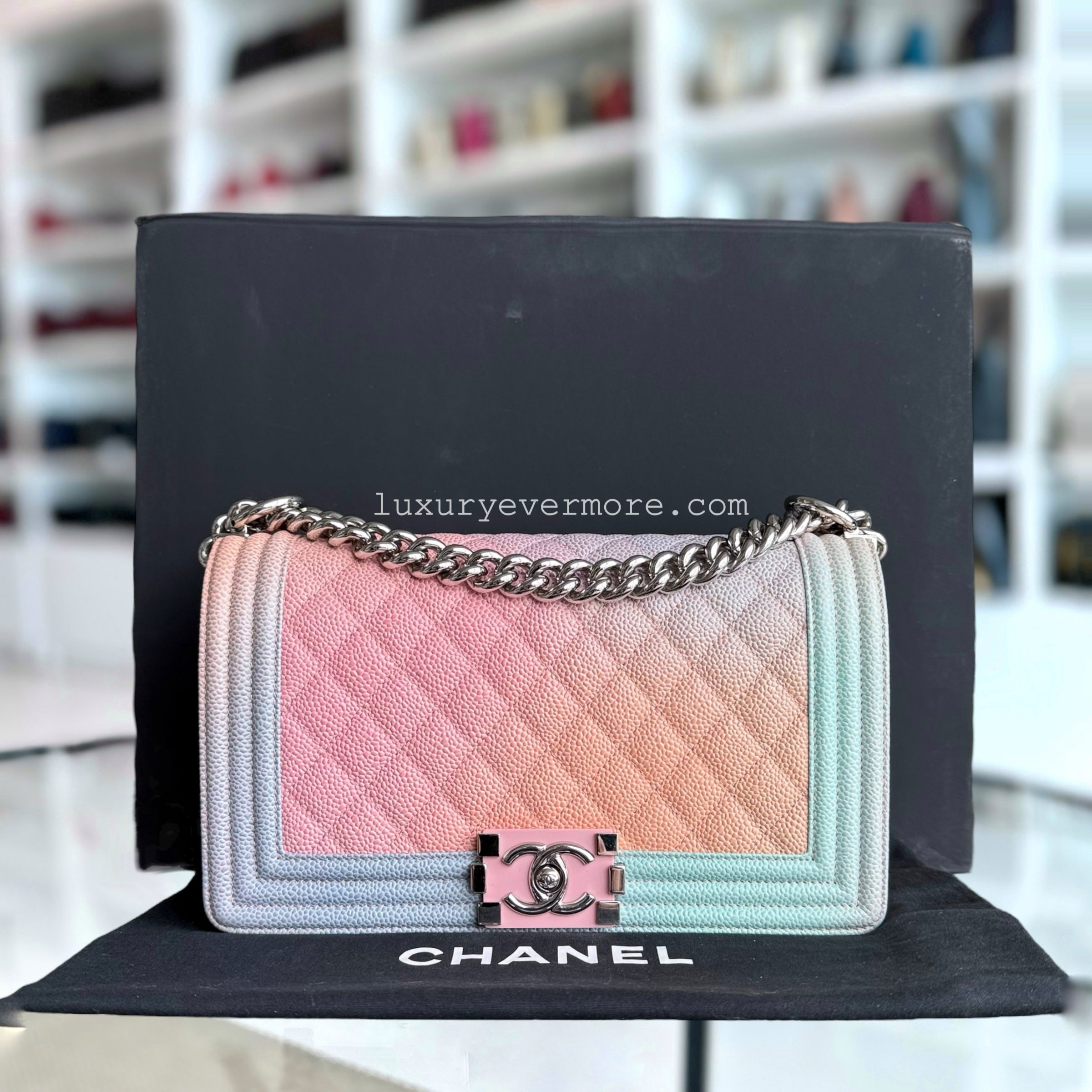 Chanel Boy Medium - Caviar Rainbow 25CM Quilted Multioclor Silver Hardware Series 25