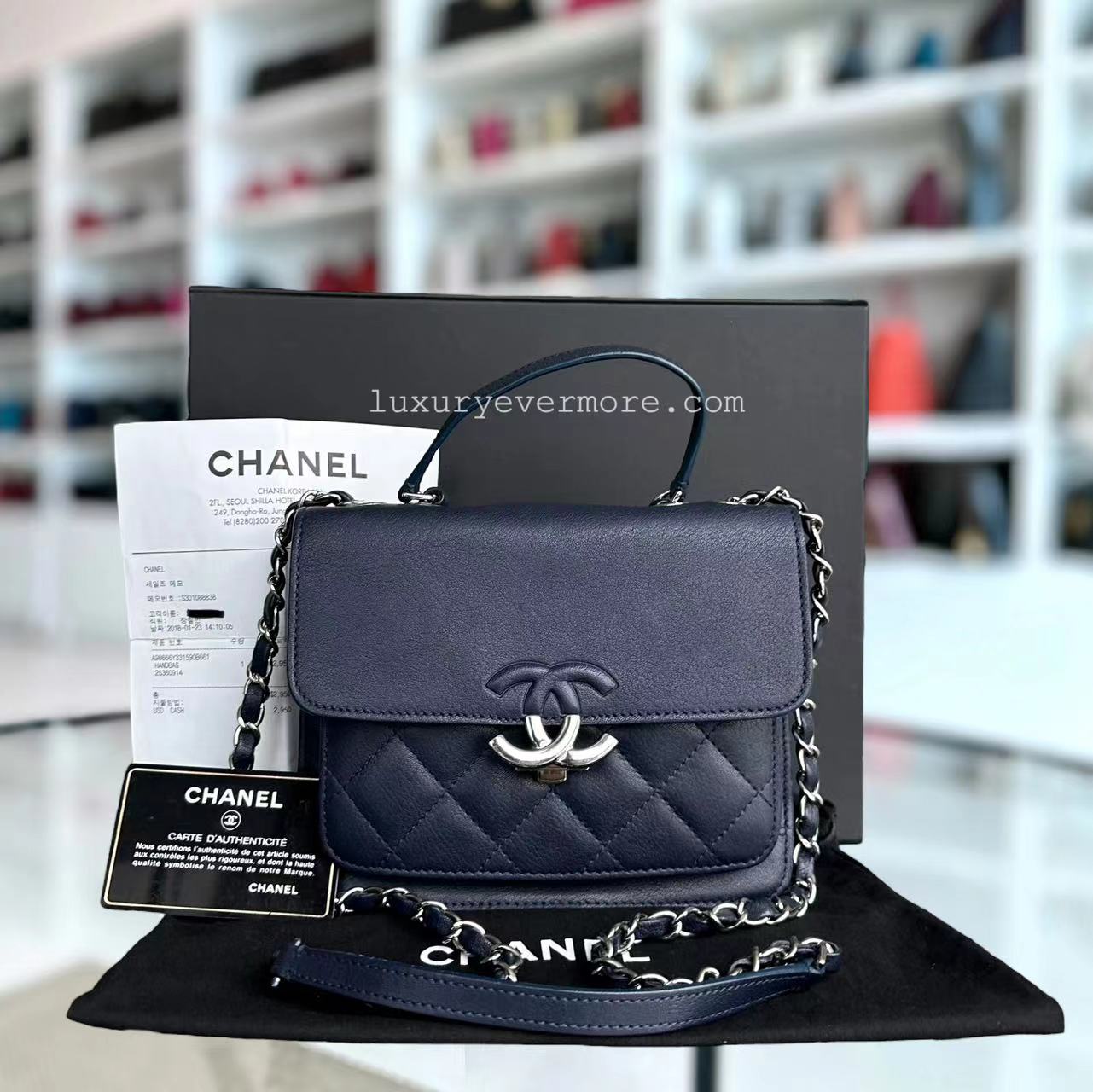 *Full Set, Receipt* Small CC Box Flap Bag Quilted Calfskin Dark Blue S