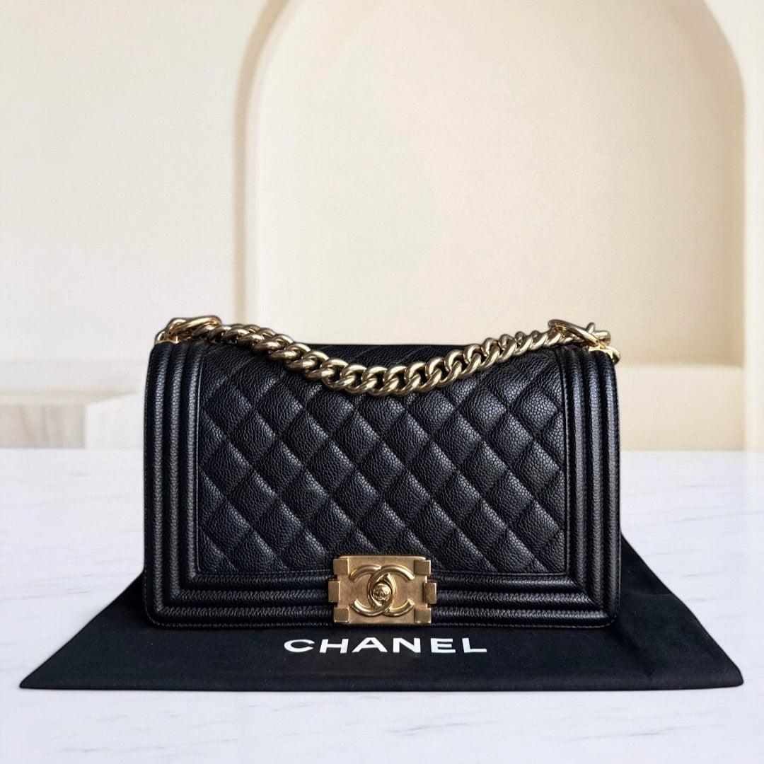 Chanel Boy Medium - Caviar 25CM Quilted Grained Calfskin Black Gold Hardware Series 23