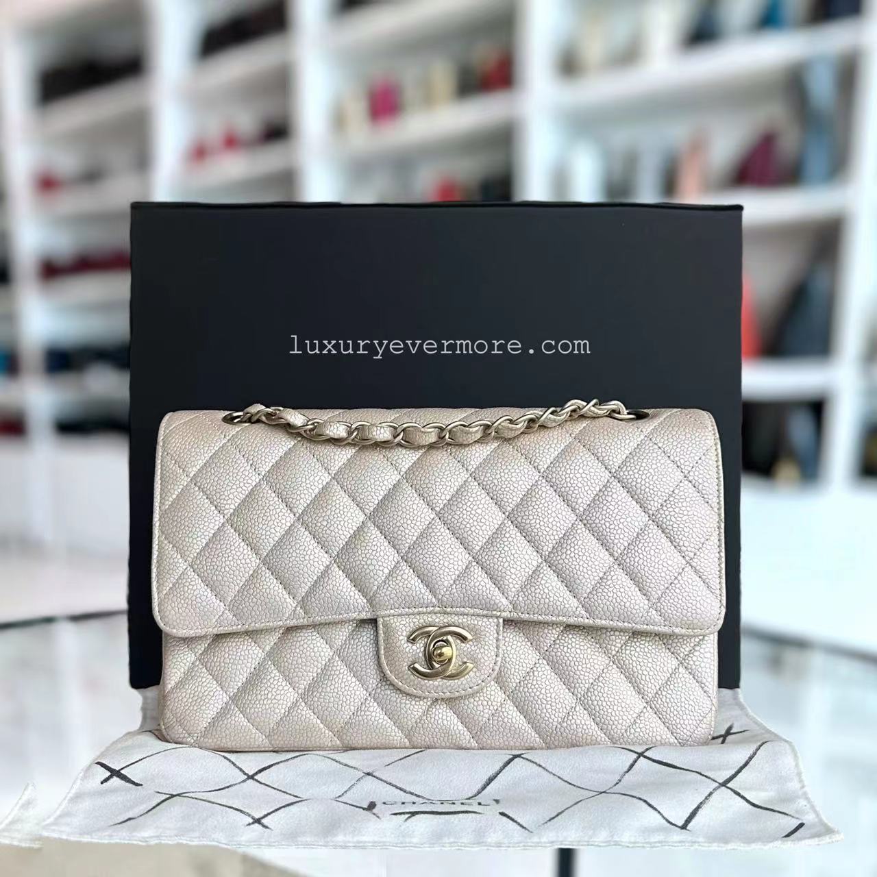 Chanel Medium Caviar Classic Flap Quilted Grained Calfskin Iridescent Beige Gold Golden Hardware Series 16