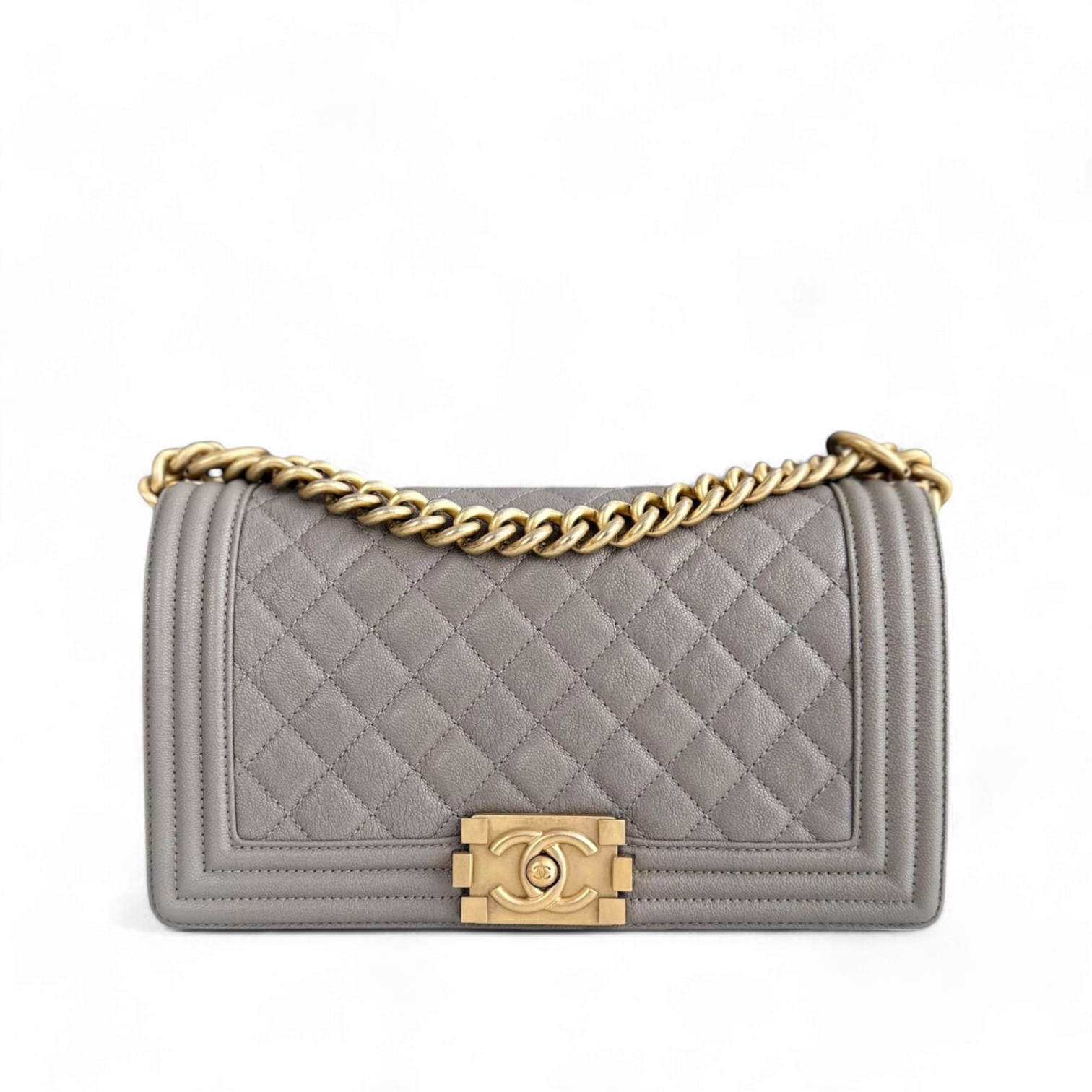 Chanel Boy Medium - Caviar 25CM Quilted Light Grey Gray Gold Hardware Series 27