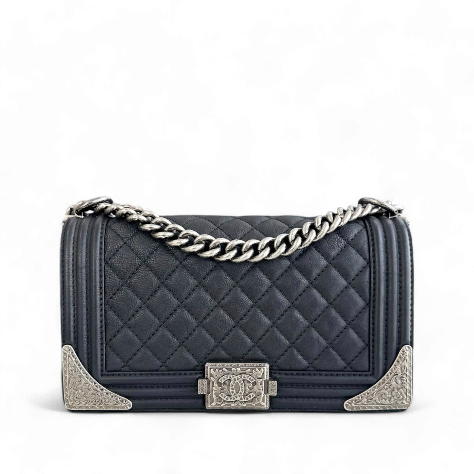 Chanel Boy Medium - 25CM Quilted Limited Edition Paris-Dallas Metal Edge Grained Calfskin Black Silver Hardware Series 19