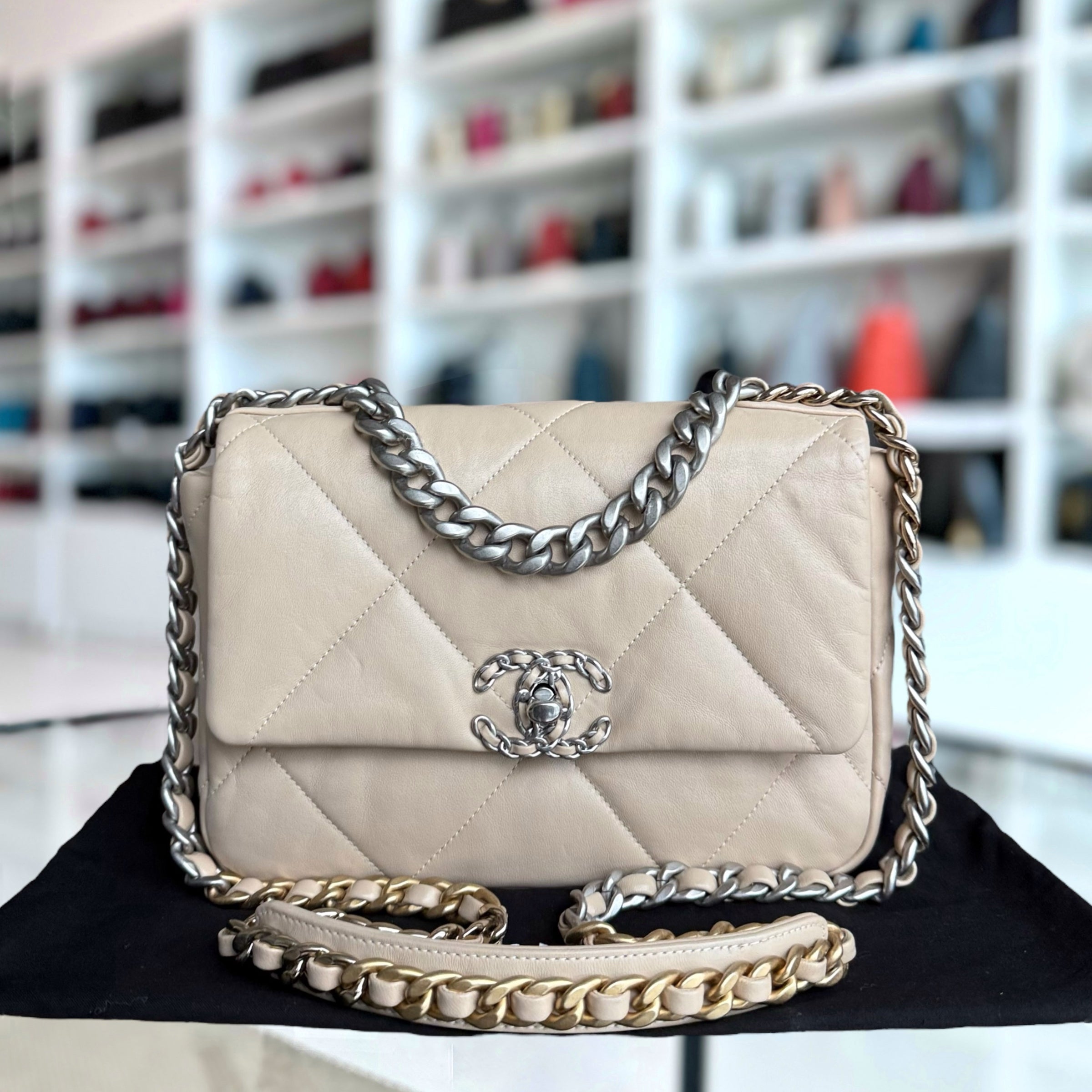 Chanel 19 Bag Small - C19 Goatskin Light Beige Two-tone Hardware Microchip