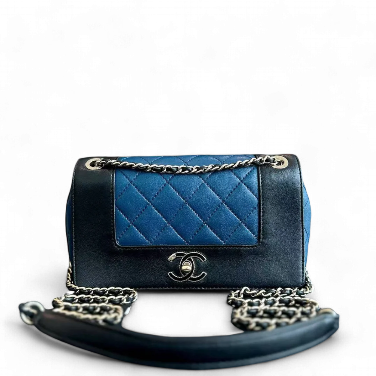 Chanel Seasonal Flap - Mademoiselle Small 20CM Calfskin Two-Tone Black Blue Golden Hardware Series 23