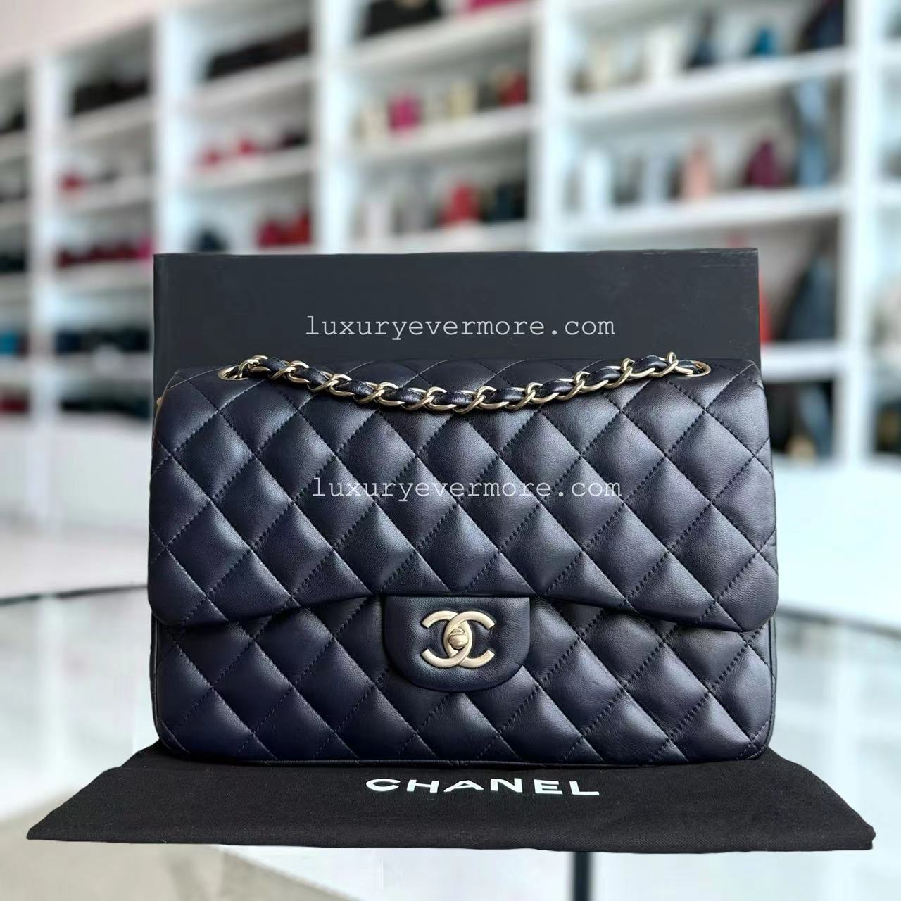 Chanel Classic Flap Jumbo Quilted Lambskin Dark Navy Blue Golden Hardware Series 20