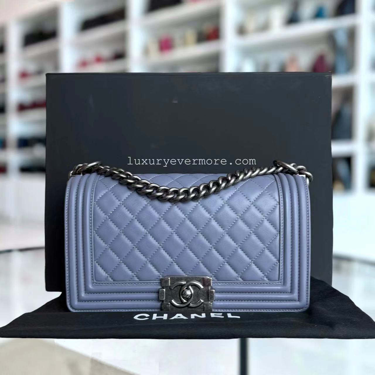 Chanel Boy Medium - Lambskin 25CM Quilted Purple Blue Ruthenium Silver Hardware Series 15