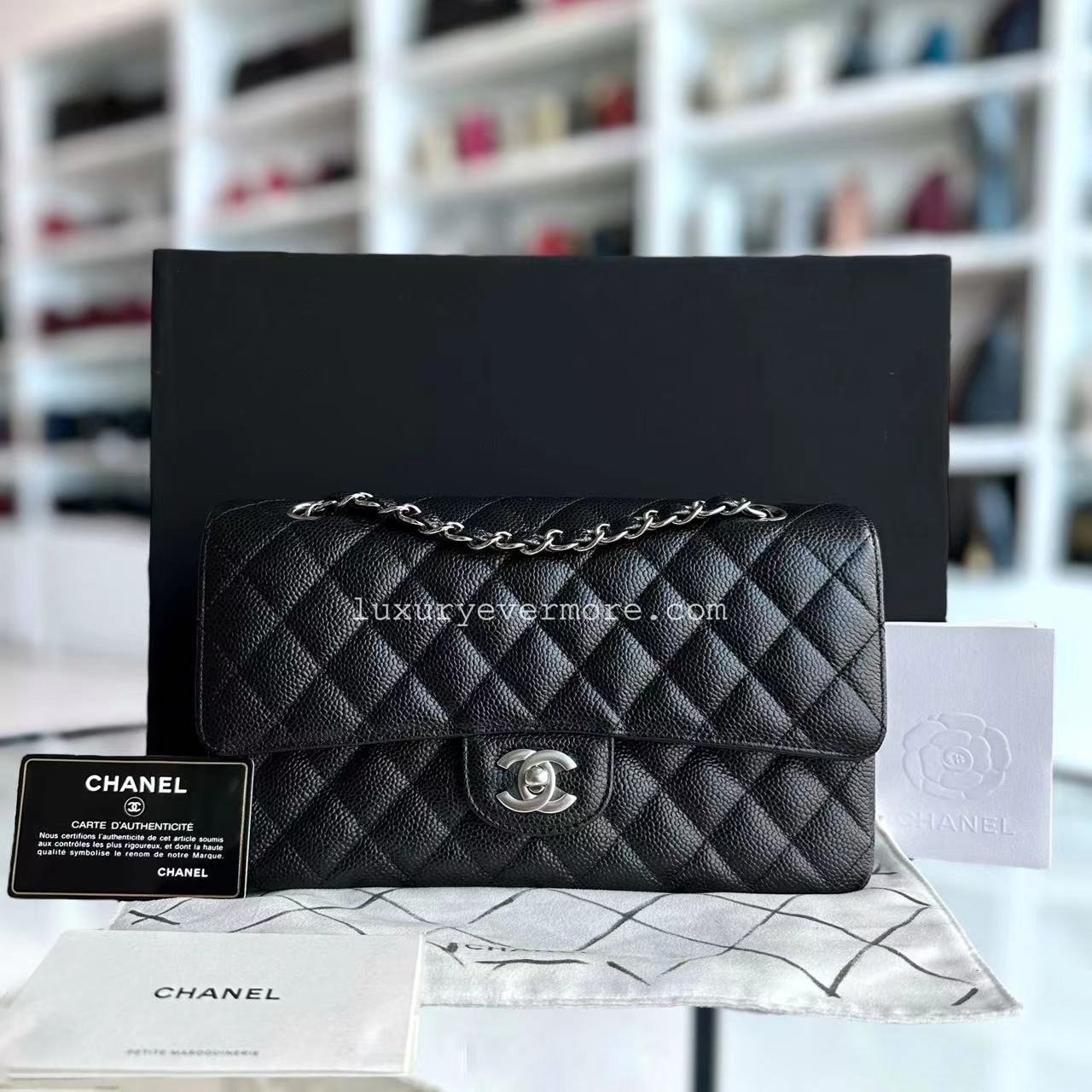 *Unused* Chanel Caviar Medium Classic Flap Double Flap 25CM Quilted Grained Calfskin Black Silver Hardware Series 23