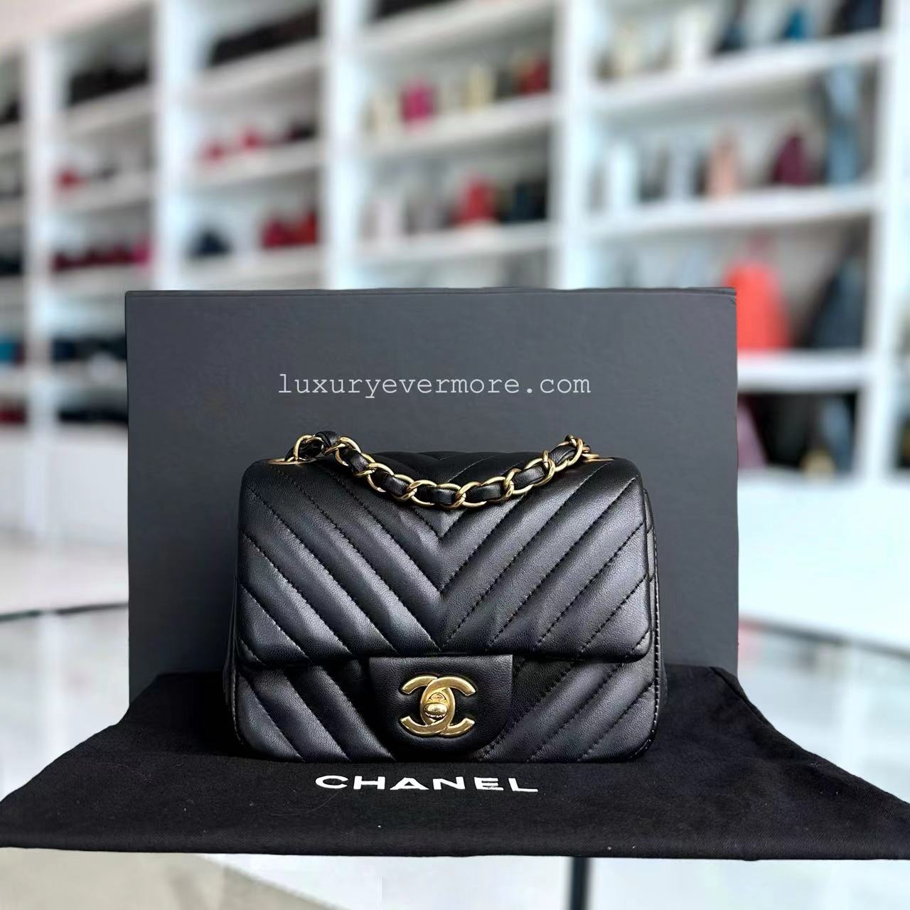 Chanel Mini Square Classic Flap Chevron Black Golden Hardware Series 21