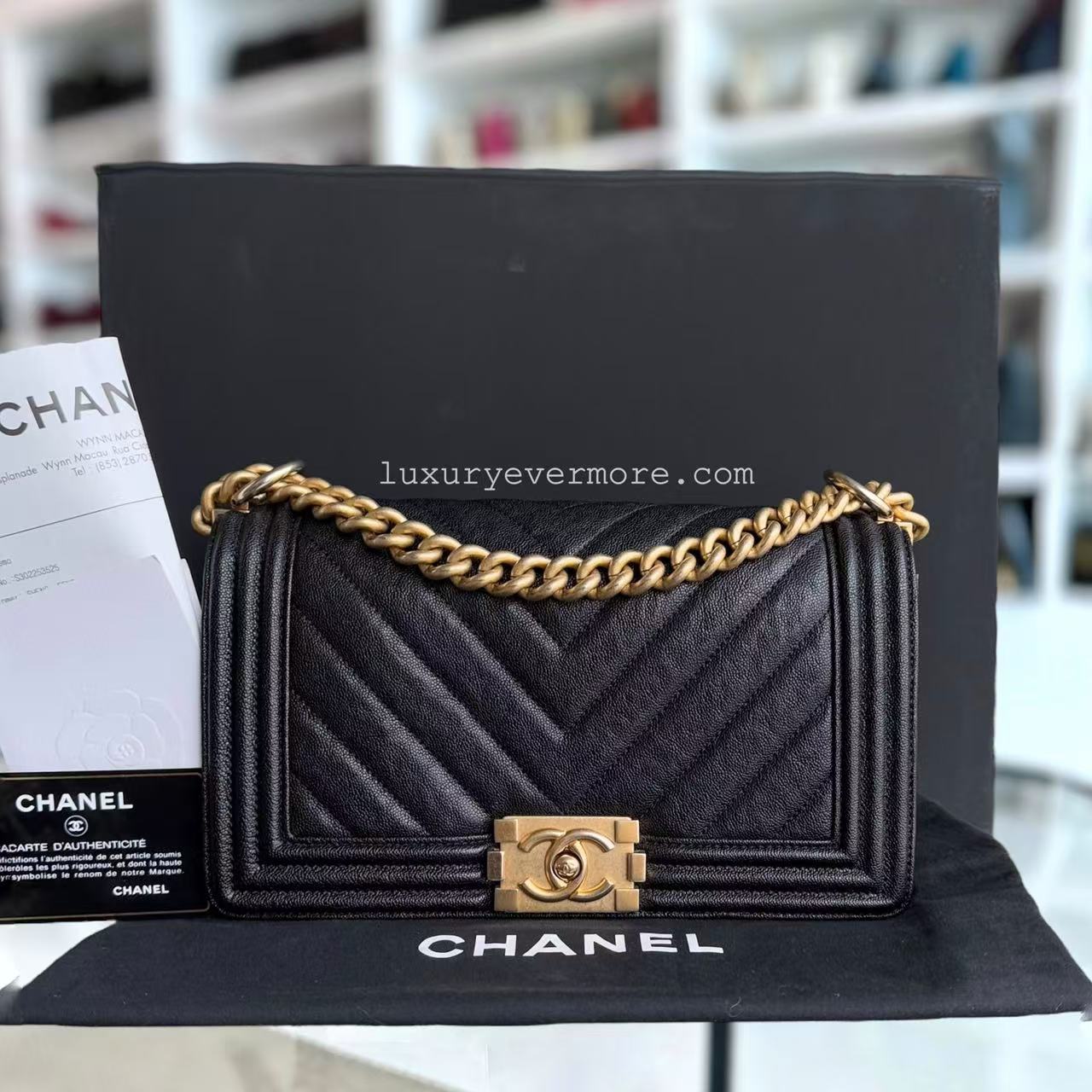 Chanel Boy Medium - Caviar 25CM Chevron Black Gold Hardware Series 26