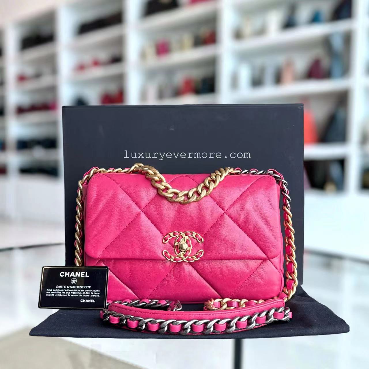 Chanel 19 Bag - Small 26CM C19 Quilted Goatskin Hot Pink Two-tone Gold Hardware Series 29