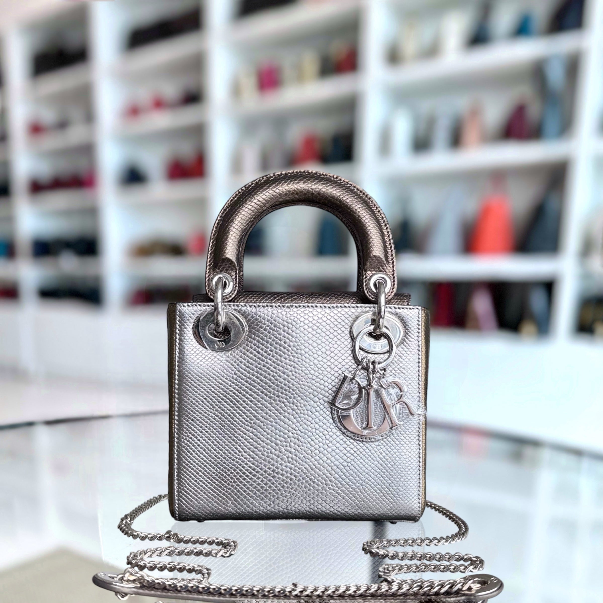 Dior Lady Mini - Exotic Lizard Skin Iridescent Two-tone Silver Hardware Chain Strap