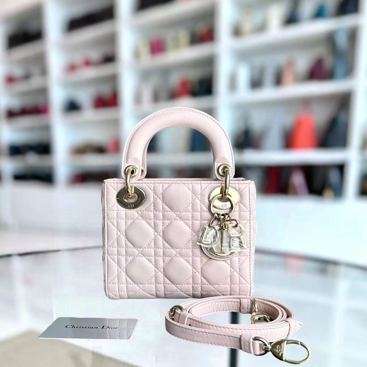 *Adjustable Strap* Dior Lady Mini Cannage Lambskin Sakura Pink GHW