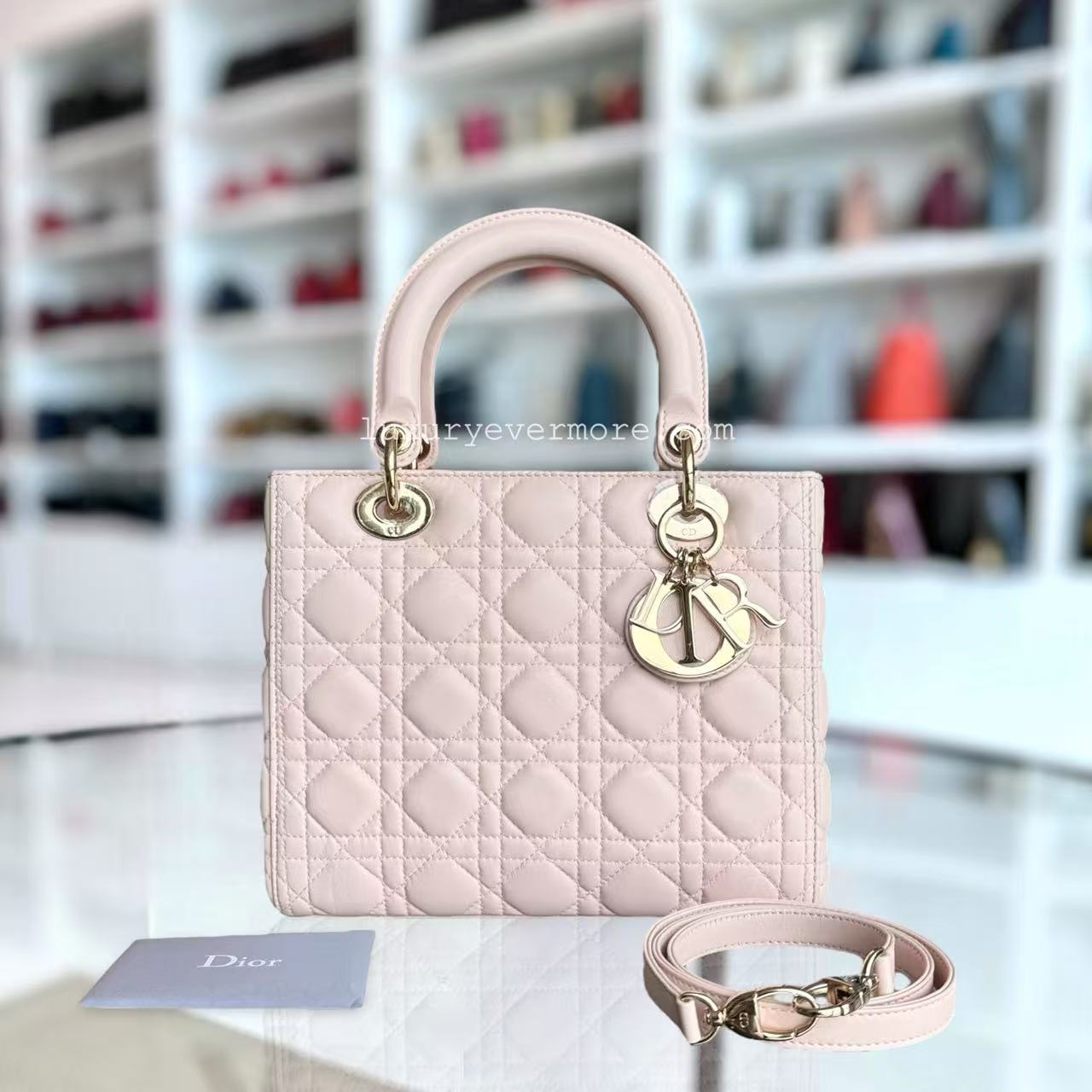 Dior Lady Medim - Cannage Lambskin Sakura Pink Gold Hardware