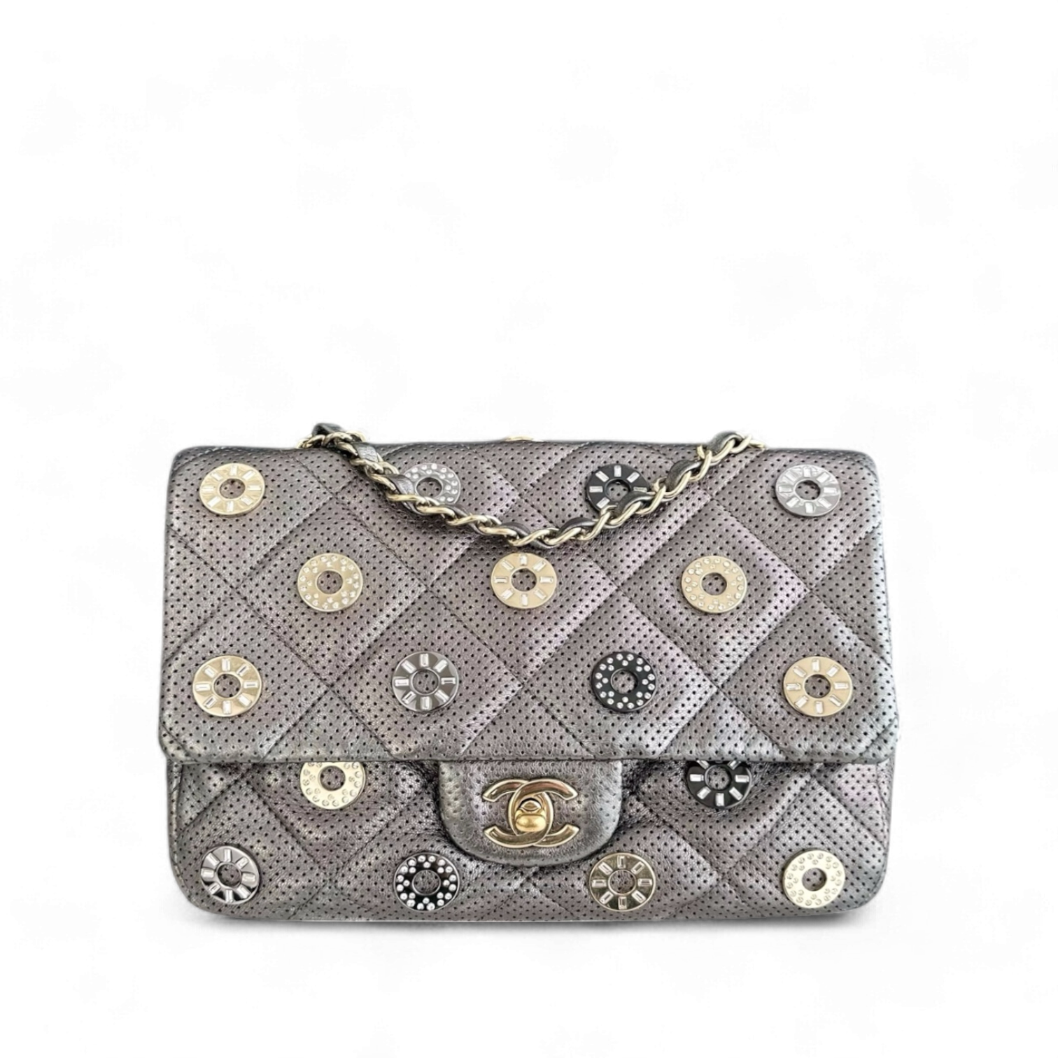 Chanel Seasonal Flap - Cruise Paris-Dubai Medals 2015 Perforated Calfskin Gray Grey Silver Hardware Series 20