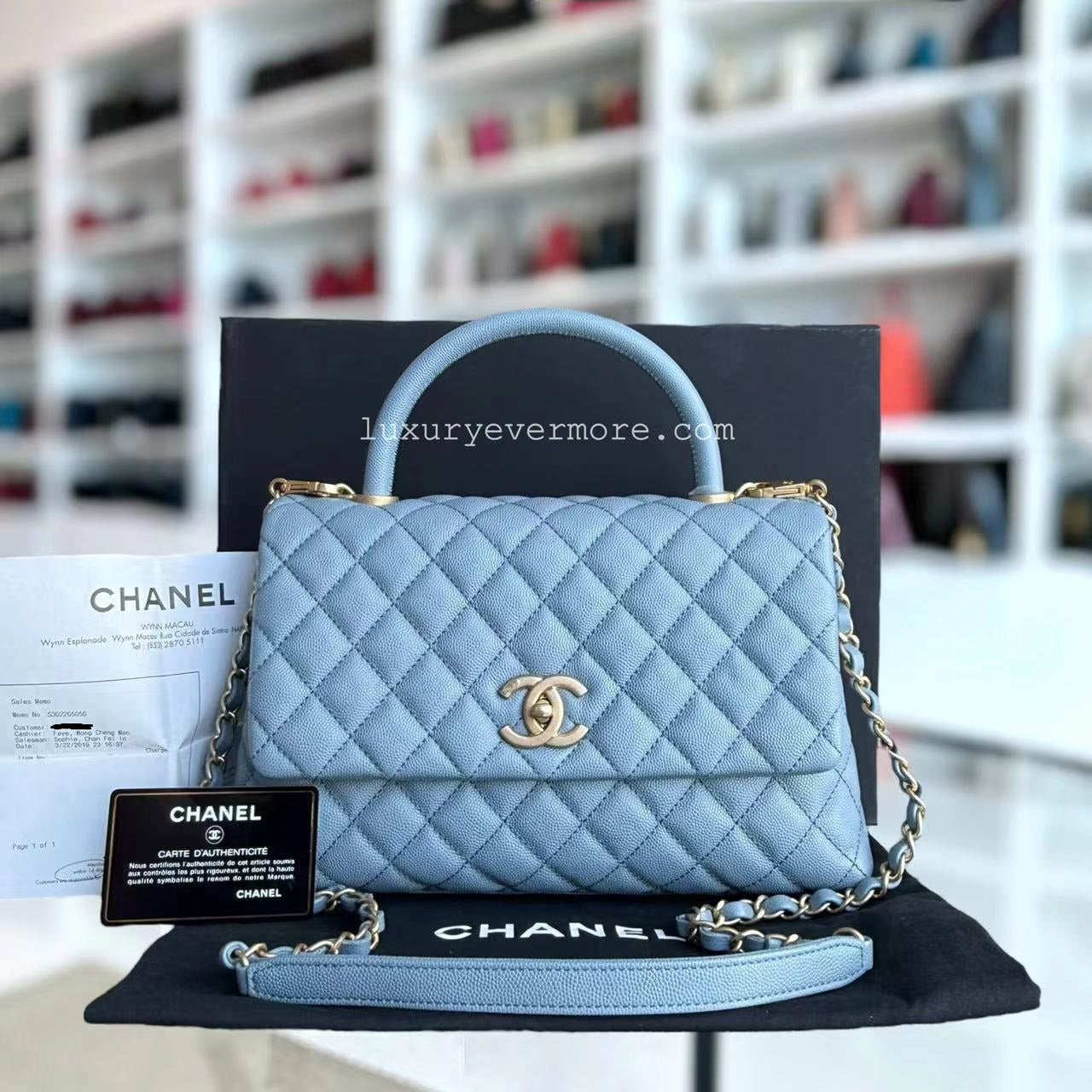 *Receipt, Full Set* Chanel Coco Handle Medium - Caviar 29CM Quilted Sky Blue Gold Hardware Series 27