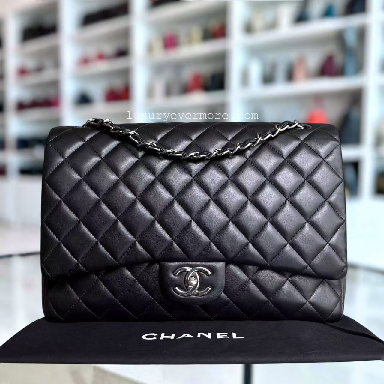 Chanel Classic Flap Maxi - 33CM Double Flap Quilted Lambskin Black Silver Hardware Series 16