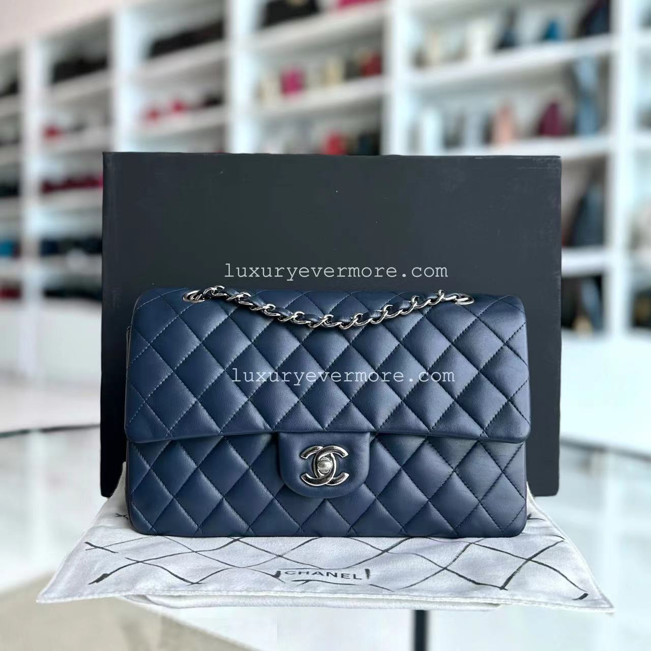 Classic Flap Quilted Lambskin Dark Blue Silver Hardware Series 13