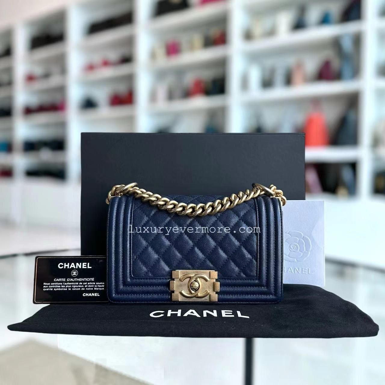 Chanel Caviar Boy Small Quilted Grained Calfskin Dark Blue Golden Hardware Series 26