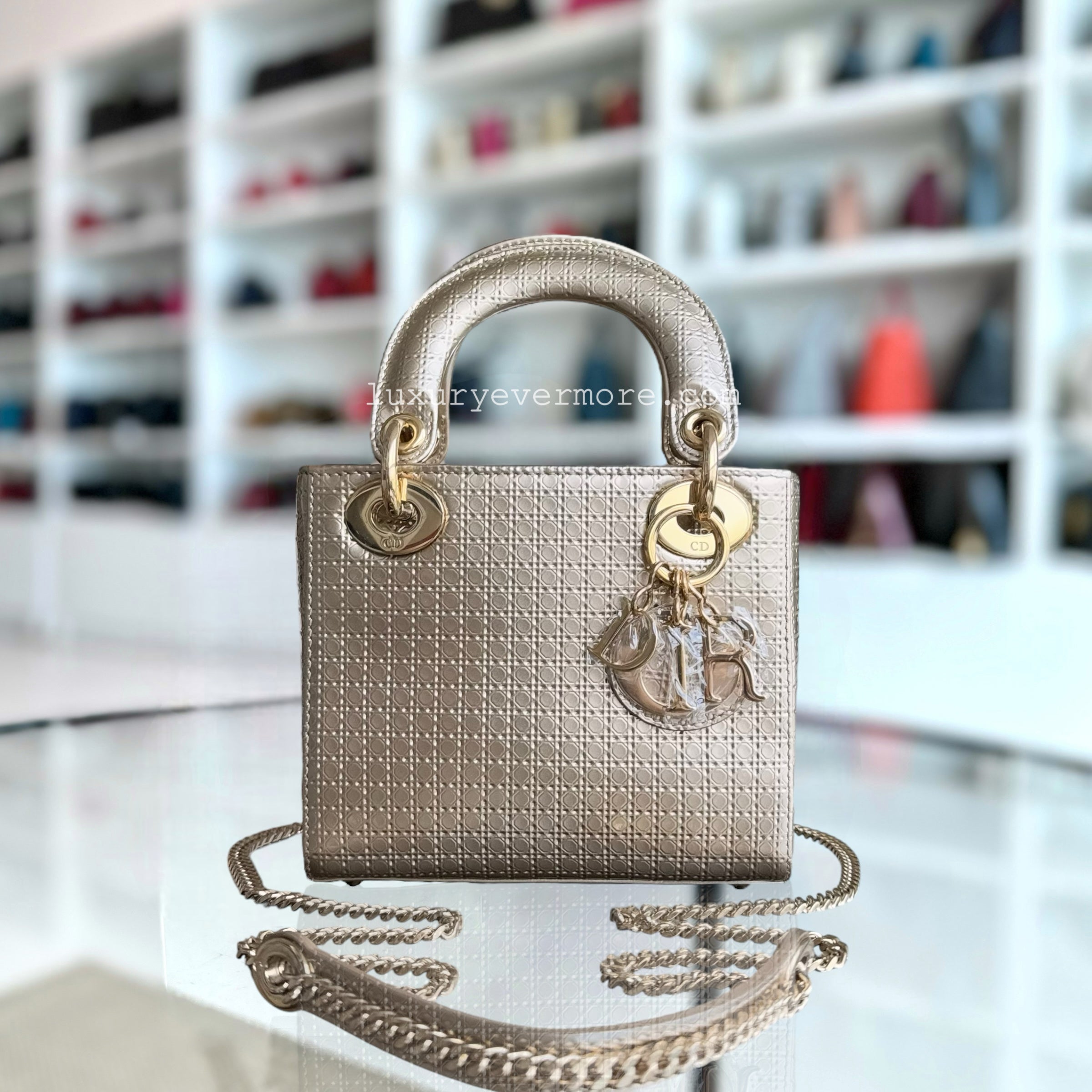 Dior Lady Mini - Metallic Cannage Calfskin Gold Gold Hardware