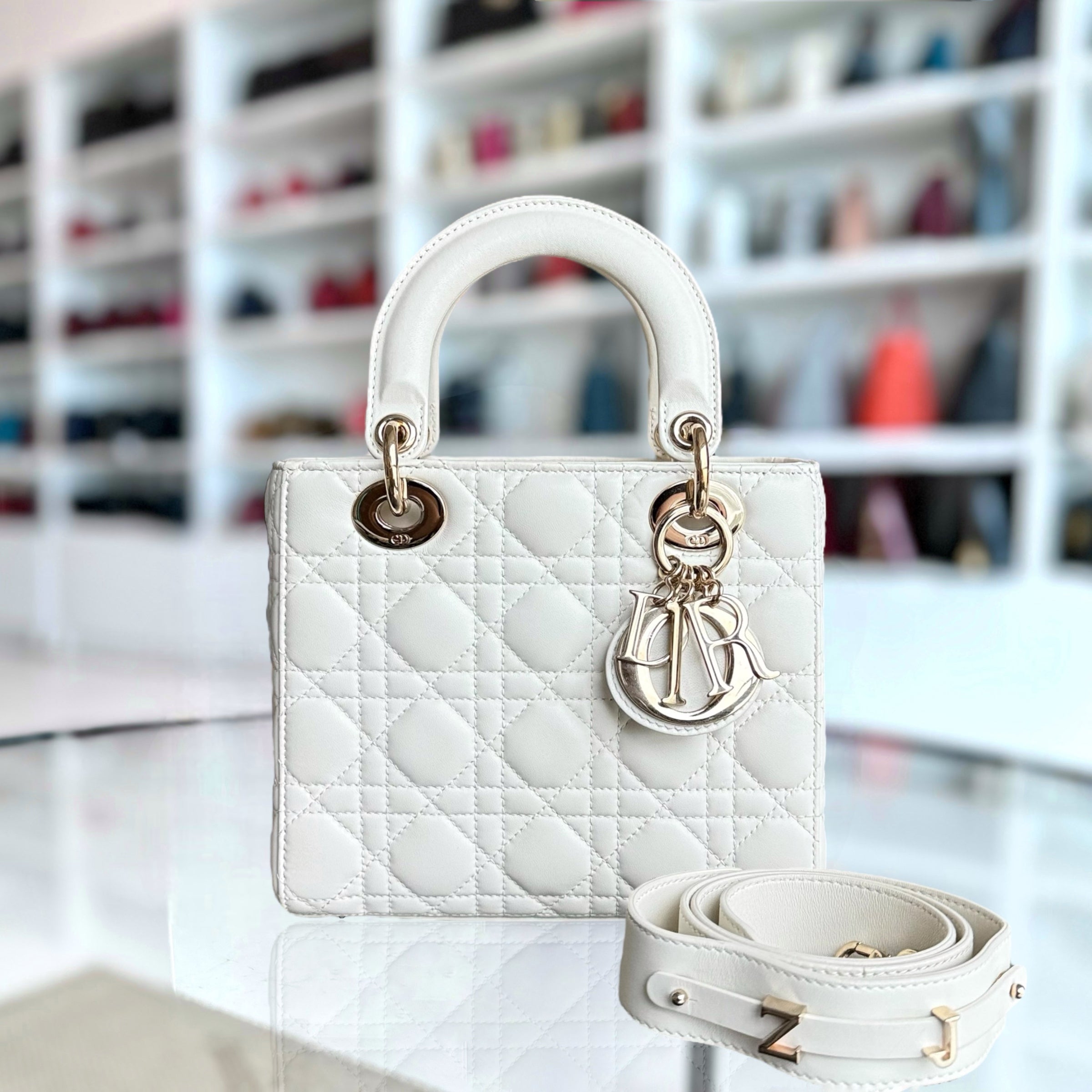 Dior Lady Small ABC - Cannage Lambskin Cream White Gold Hardware ABC Strap