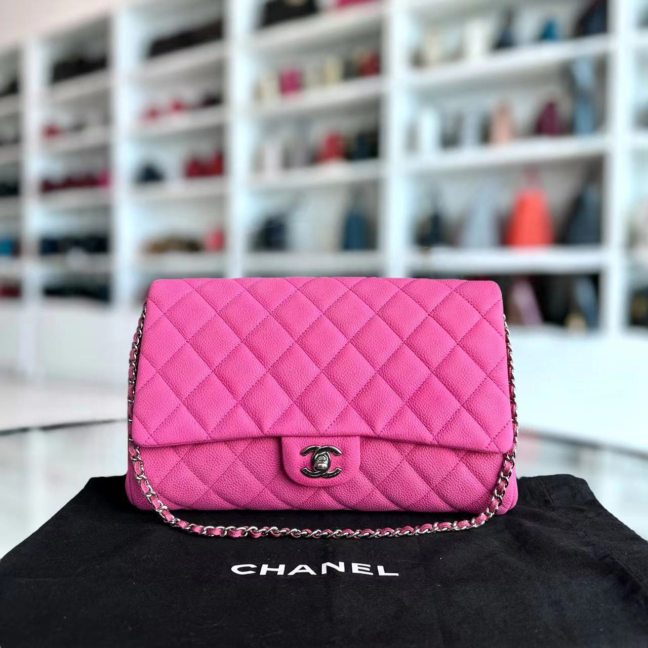 Chanel Caviar Timeless Classic Flap Clutch Quilted Calfskin Hot Pink SHW No 18