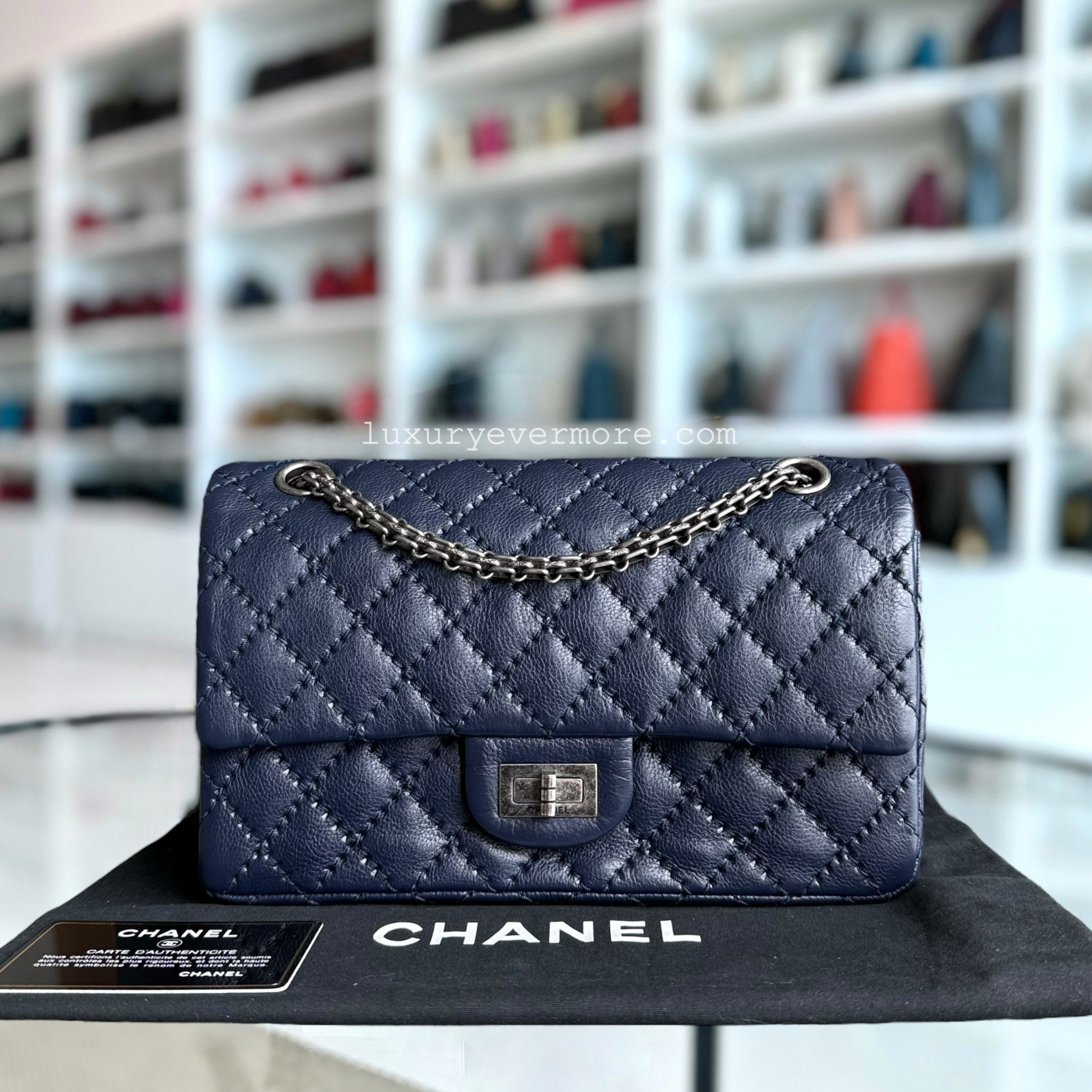 Chanel 2.55 225 Reissue - Small 24CM Quilted Grained Calfskin Dark Blue Ruthenium Silver Hardware Series 22