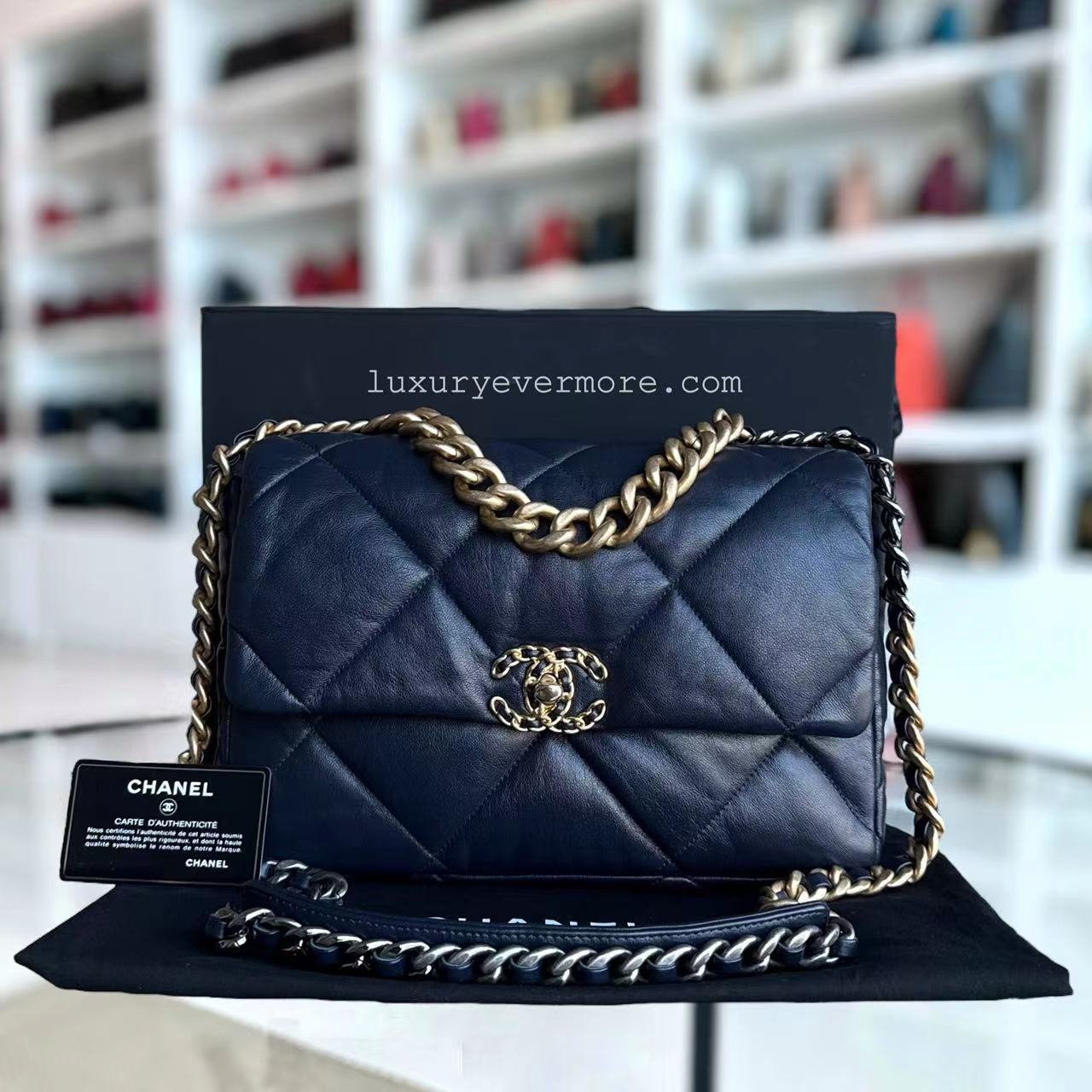 Chanel 19 Medium - C19 Quilted Goatskin Dark Navy Blue Shoulder Bag Two-tone Hardware Series 29