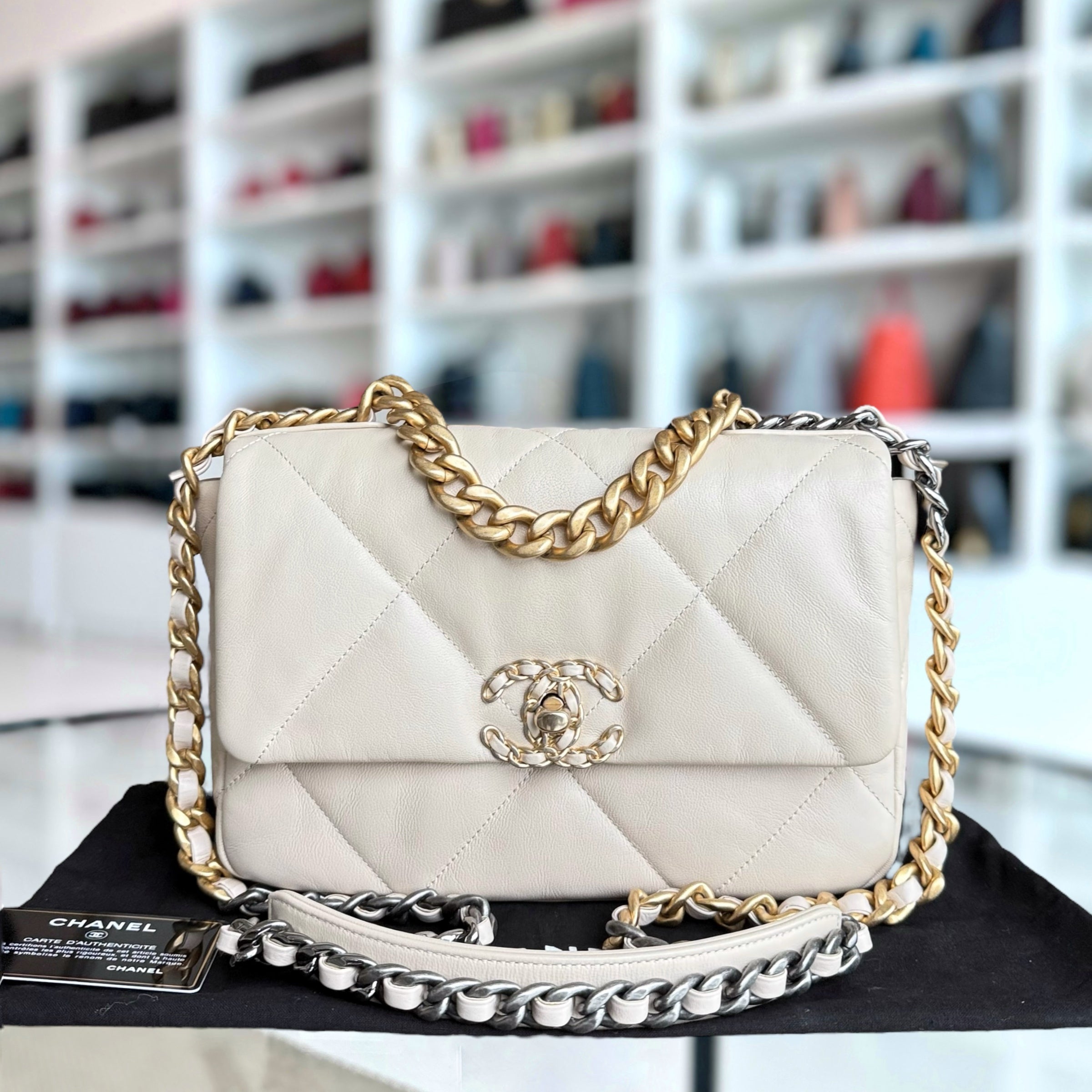 Chanel 19 Bag  Small- C19 Quilted Goatskin Light Beige Two-tone Hardware Series 30