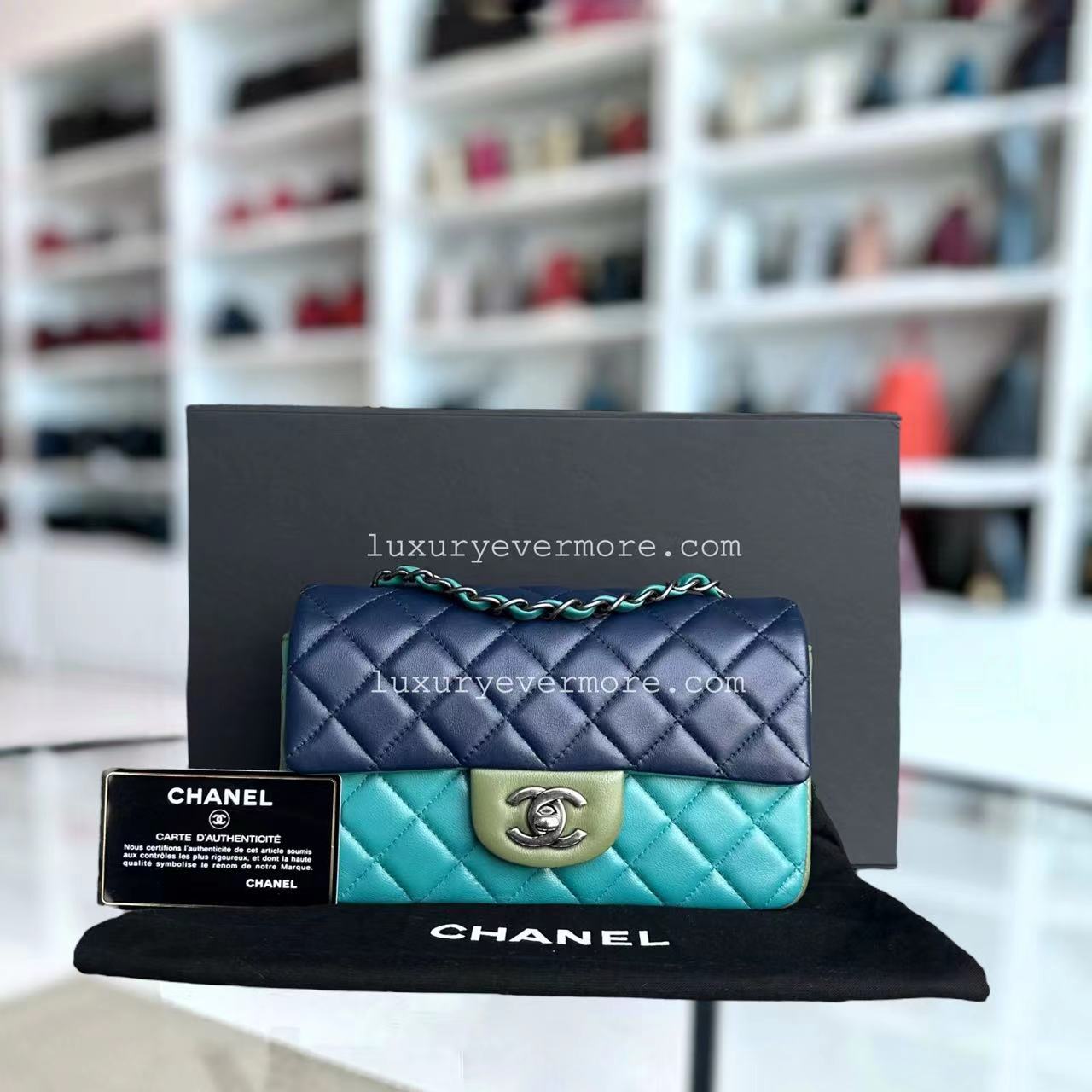 Chanel Mini Classic Flap Quilted Lambskin Multi-color Blue Green Silver Hardware Series 21