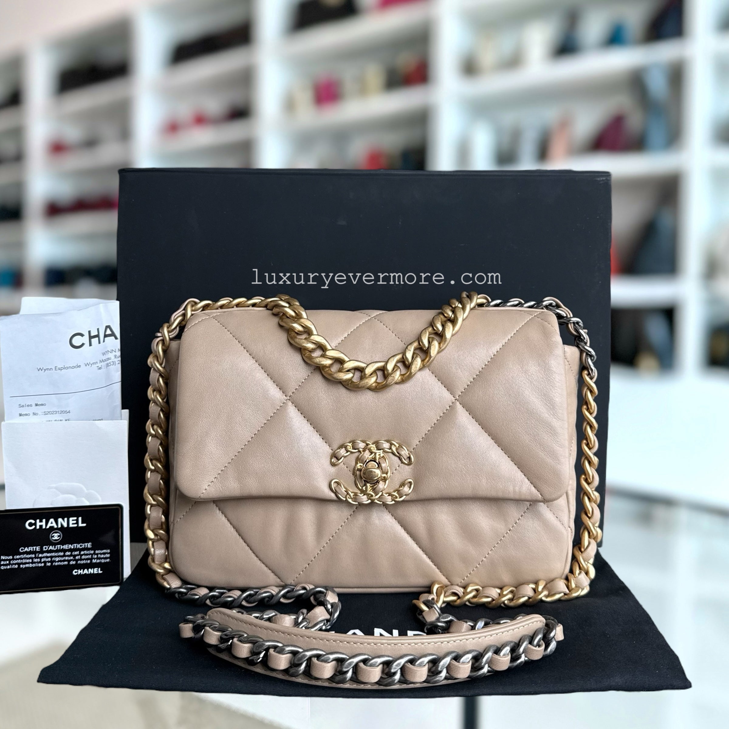 Chanel 19 Bag Small - C19 Quilted Goatskin Beige Two-tone Hardware Series 31