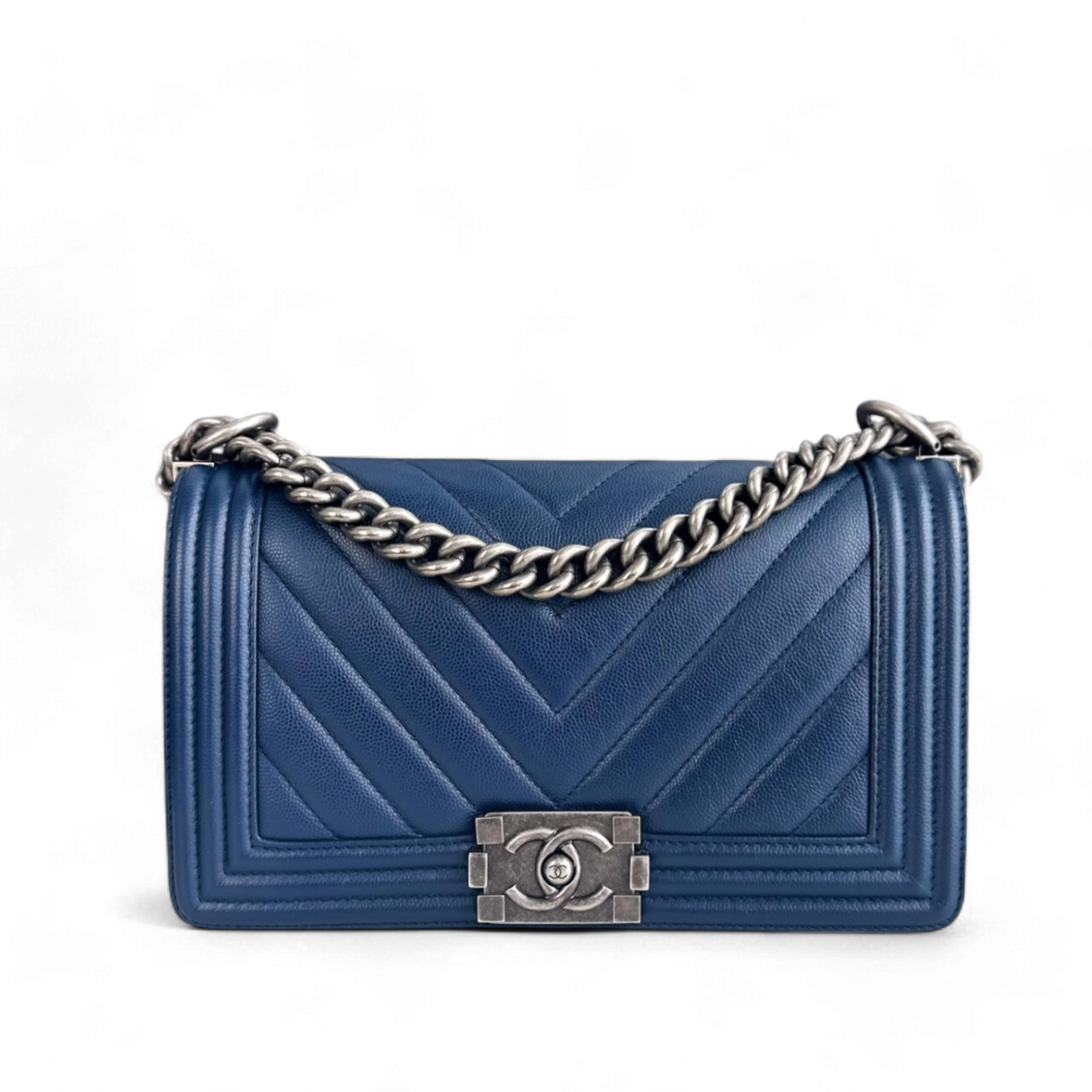 Chanel Boy Medium - Caviar Chevron Dark Blue Ruthenium Silver Hardware Series 24