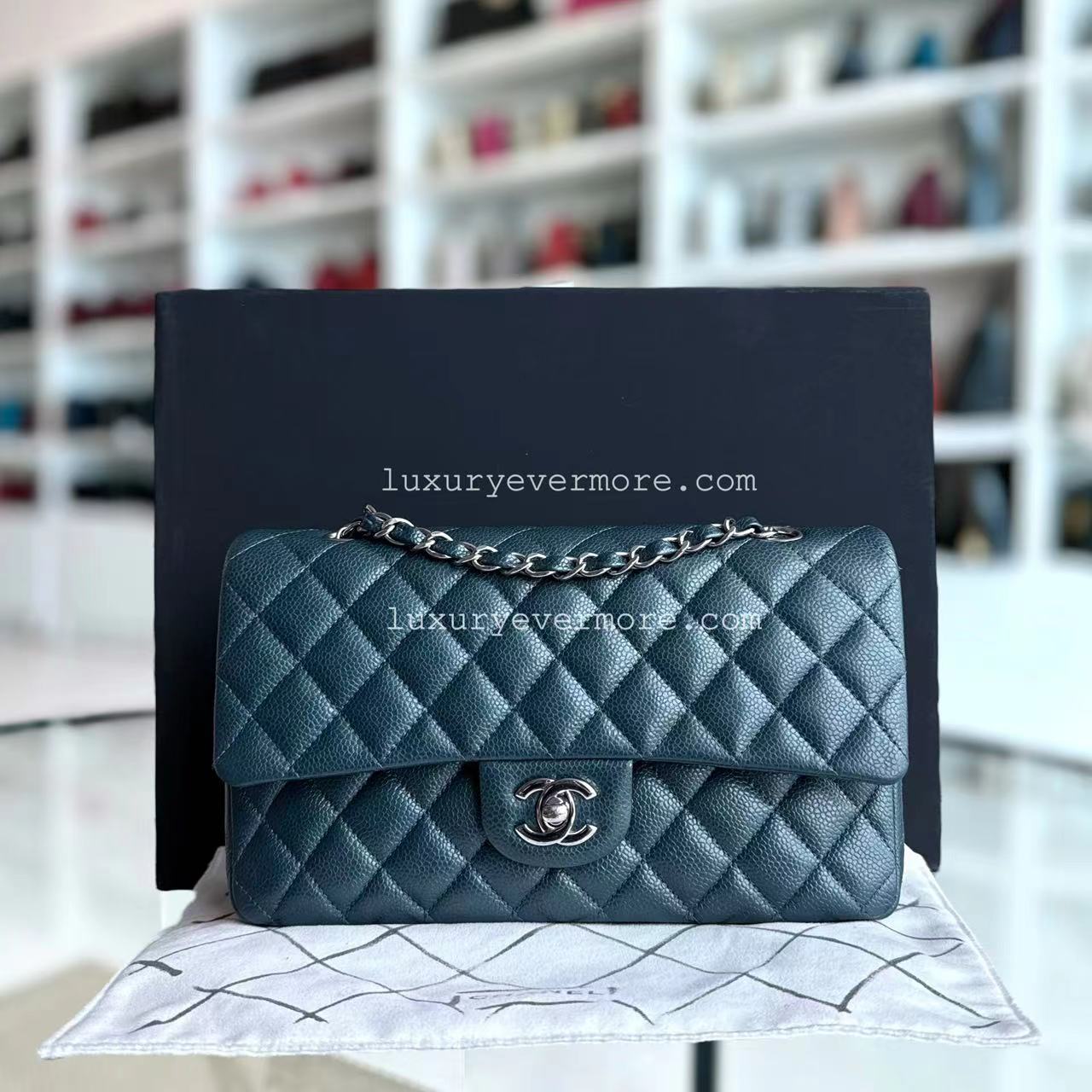 Caviar Medium Classic Flap Quilted Dark Blue Green Silver Hardware Series 20