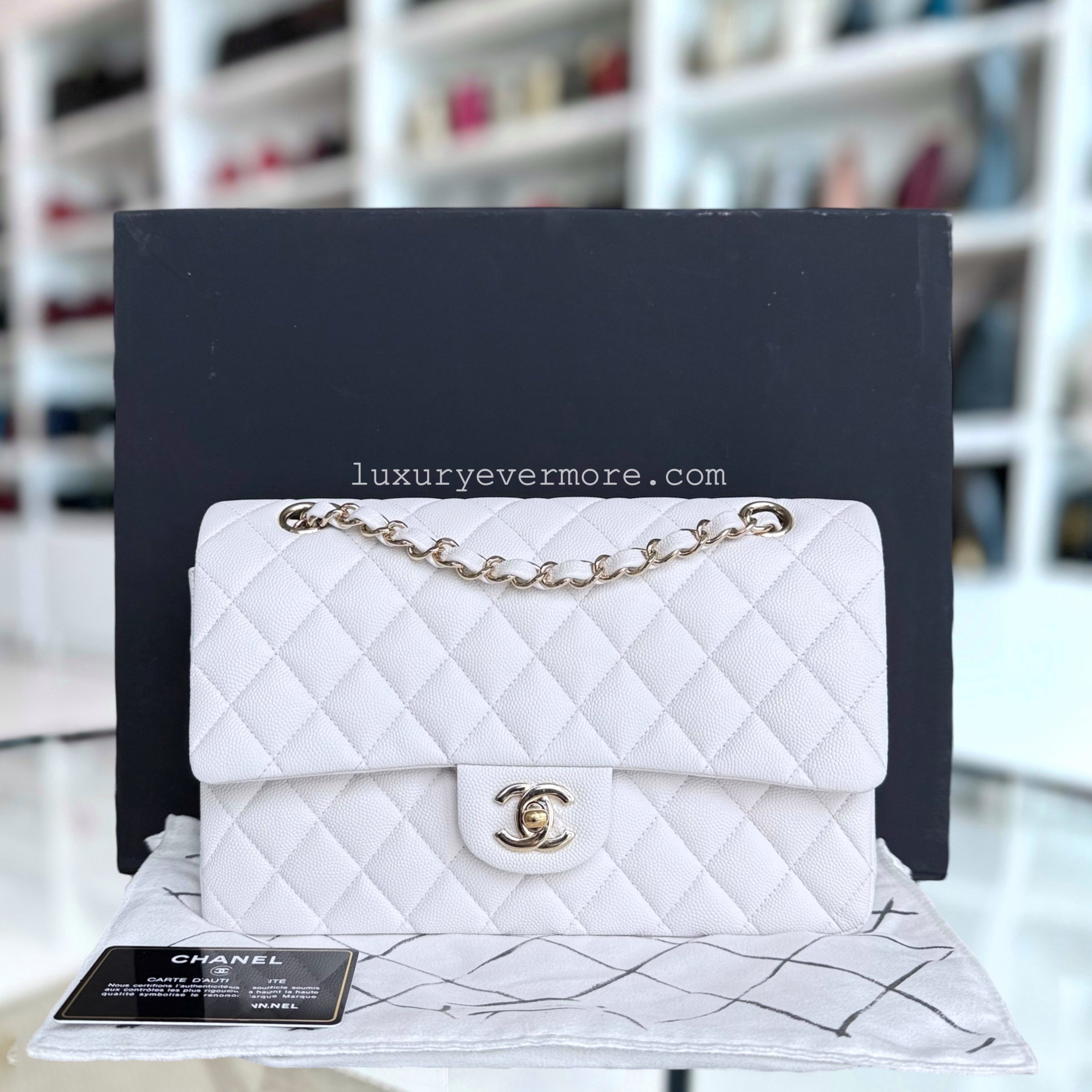 Chanel Classic Flap Medium - Caviar 25CM Quilted Snow White Gold Hardware Series 27