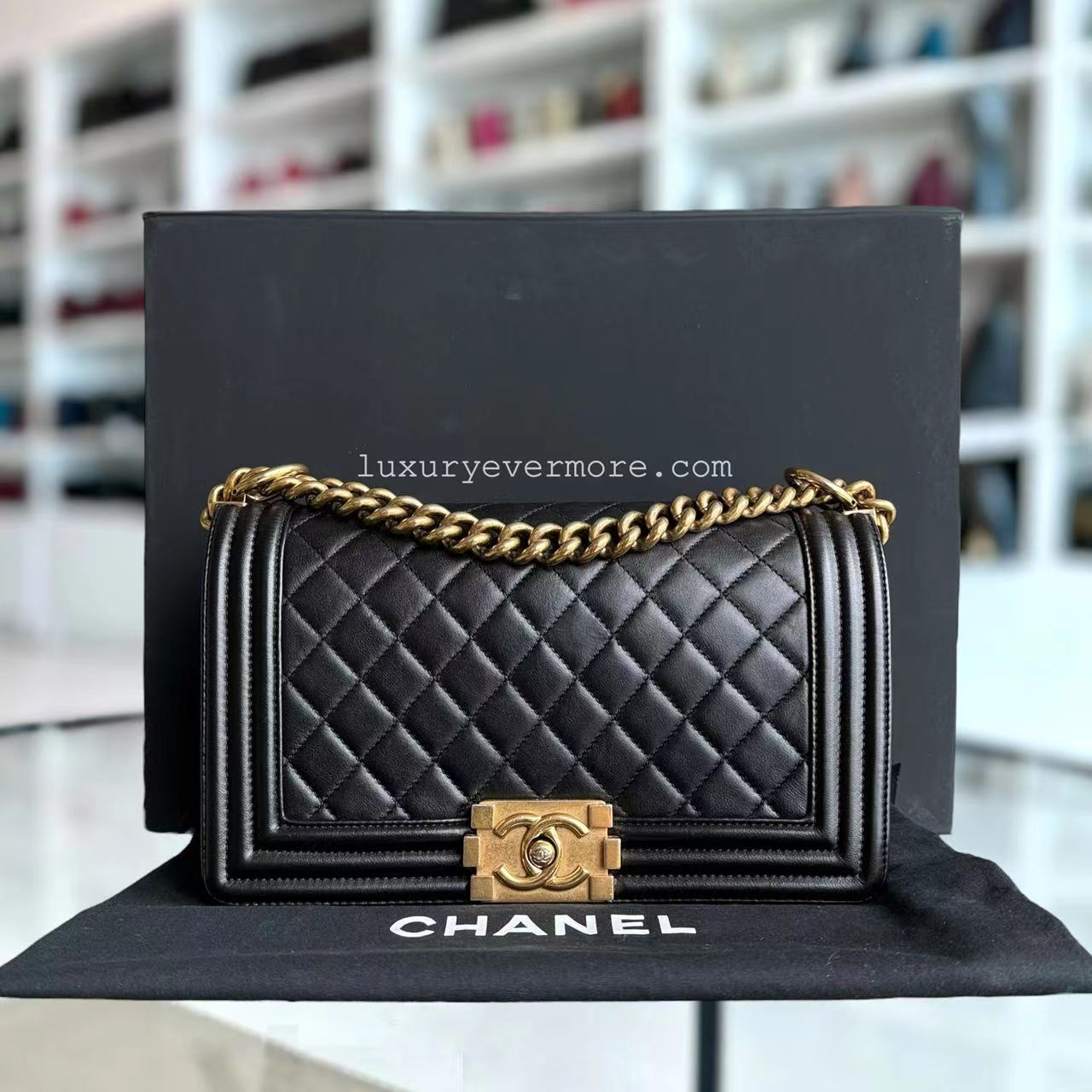 Chanel Boy Medium - Lambskin 25CM Quilted Black Gold Hardware Series 19