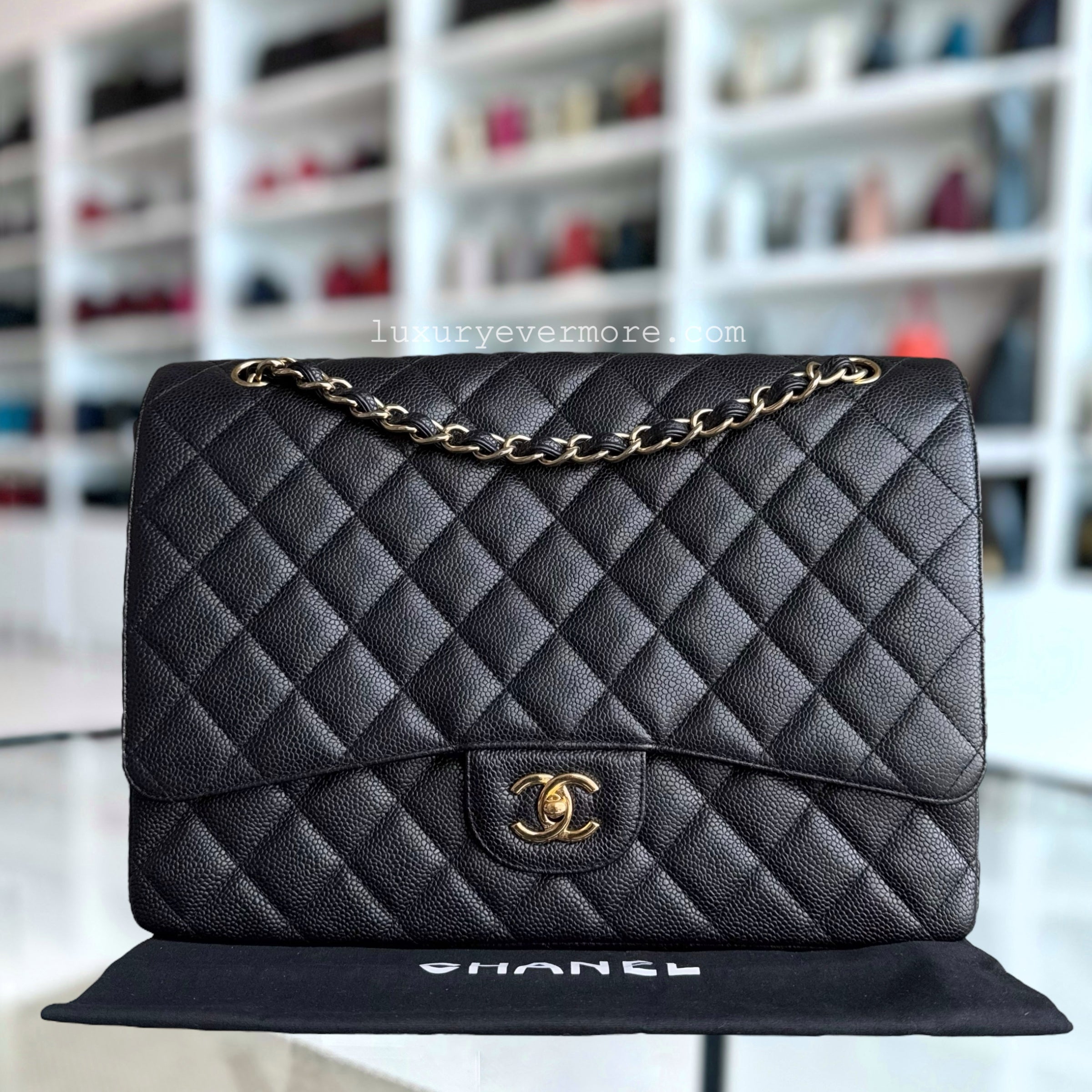 Chanel Classic Flap Maxi - 33CM Caviar Quilted Single Flap Black Gold Hardware Series 13