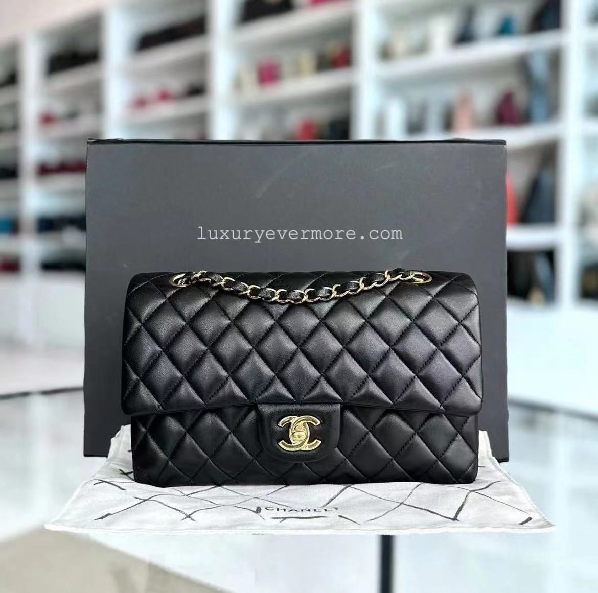 Chanel Medium Classic Flap Quilted Lambskin Black Golden Hardware