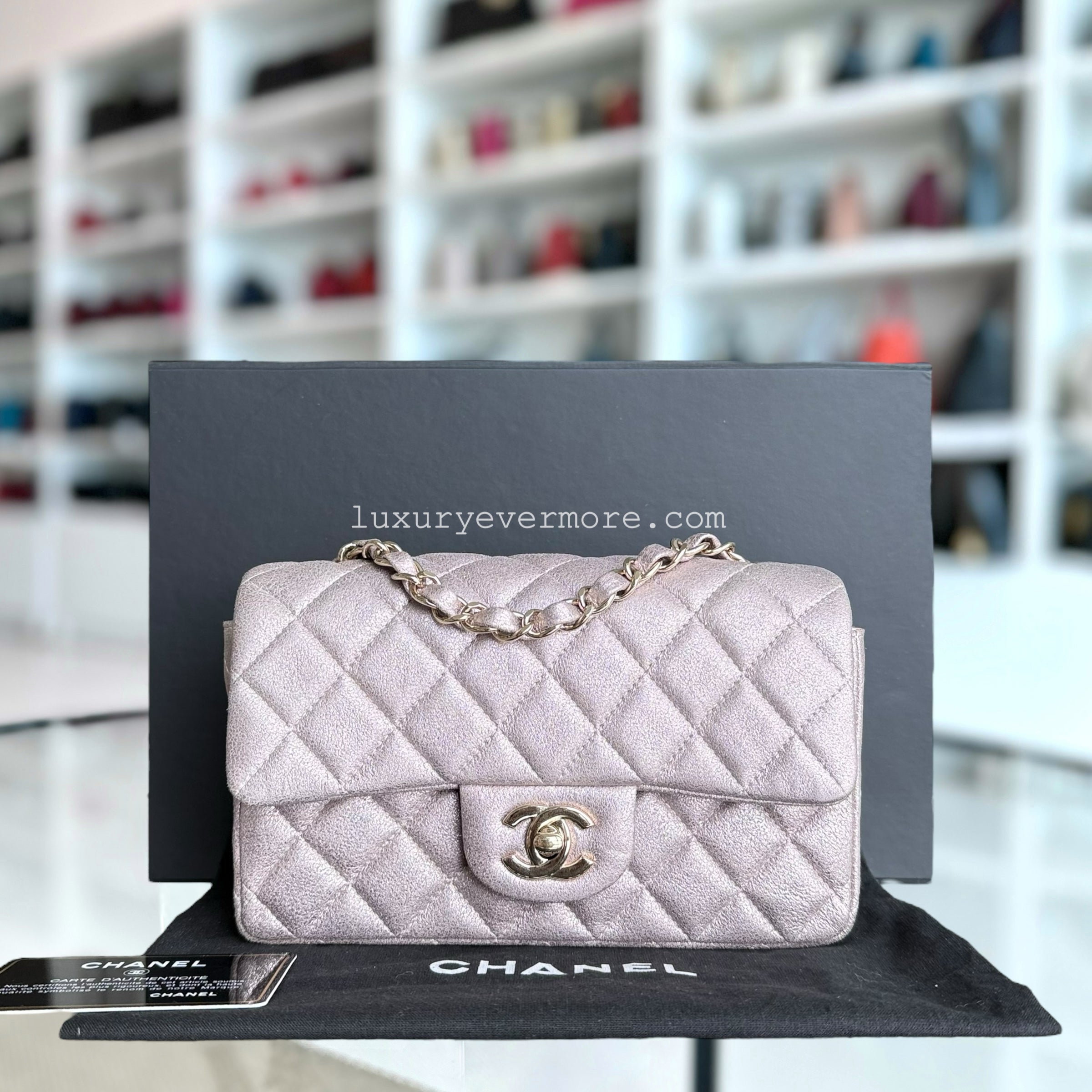 Chanel Classic Flap Mini - 20CM Rectangle Iridescent Lambskin Quilted Pink Gold Hardware Series 20