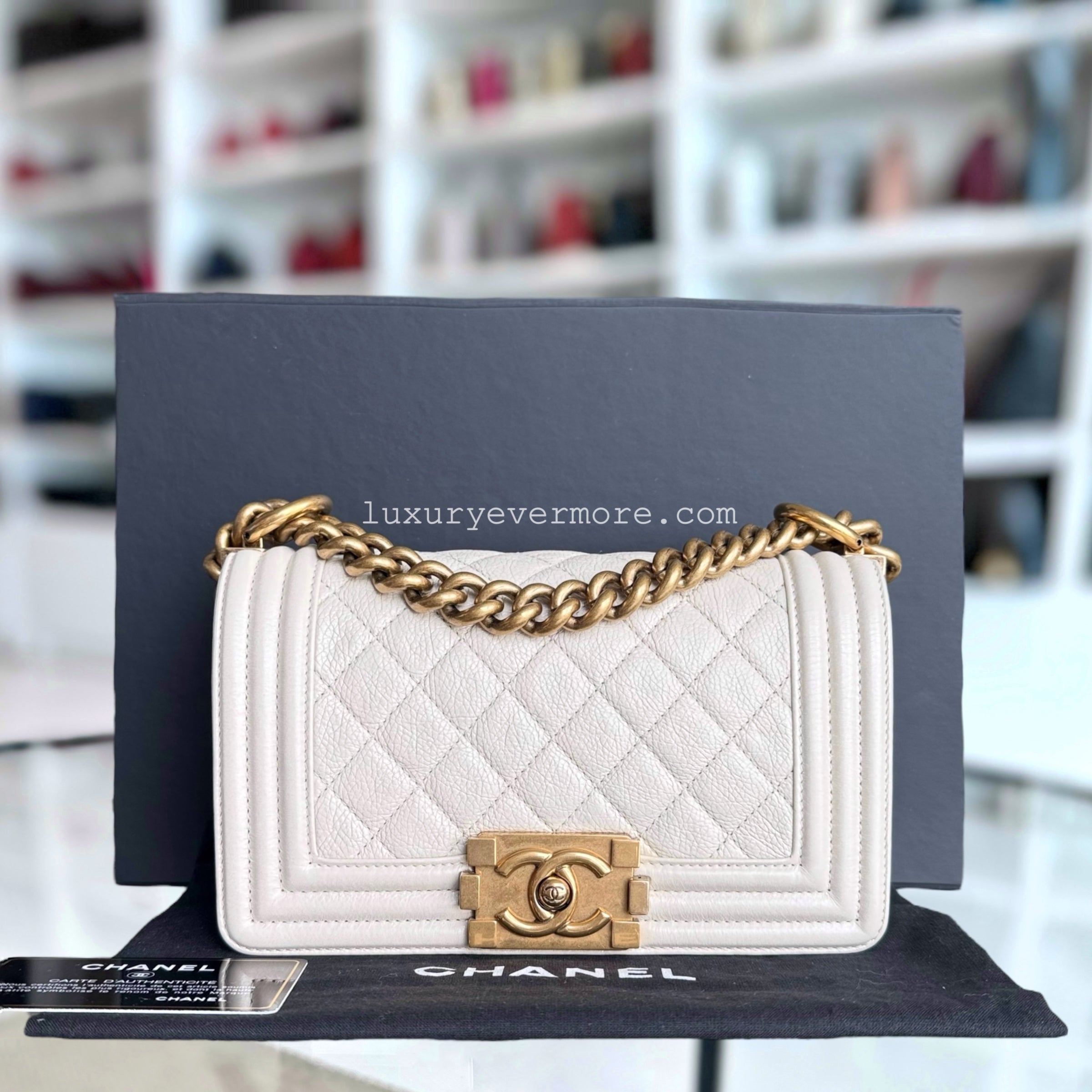 Chanel Boy Small - Grained Calfskin Quilted Cream White Gold Hardware Series 20