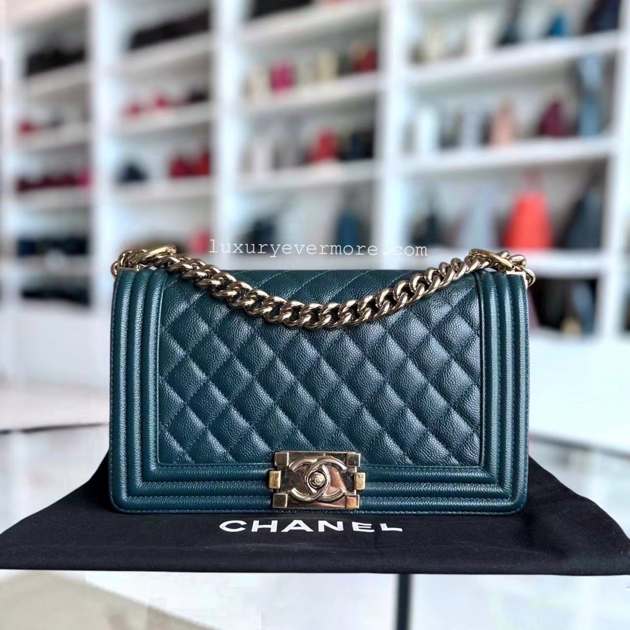 Chanel Boy Medium - Caviar 25CM Quilted Blue Golden Hardware Series 30