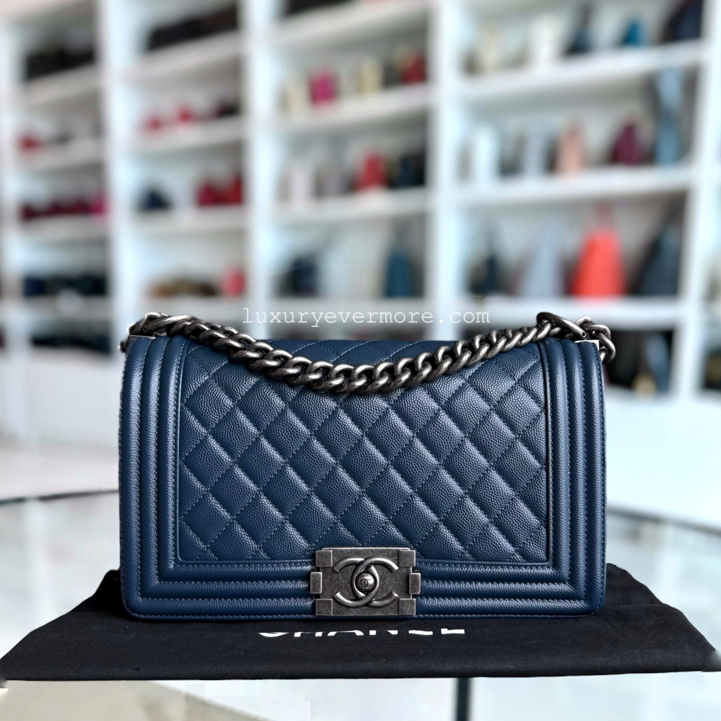 Chanel Boy Medium - Caviar 25CM Quilted Dark Navy Blue Ruthenium Silver Hardware Series 25