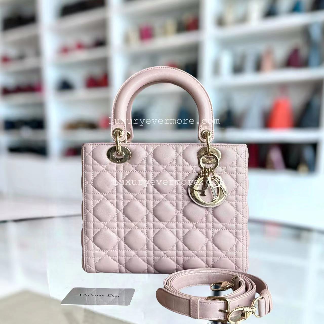 *Adjustable Strap* Dior Lady Medium - Iridescent Cannage Lambskin Light Pink Golden Hardware