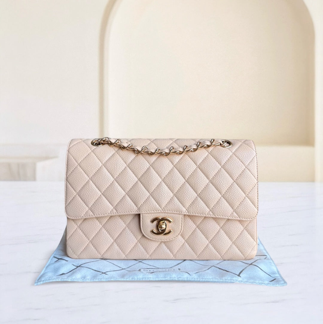 Chanel Classic Flap Medium - Caviar 25CM Quilted Grained Calfskin Beige Gold Hardware Series 13