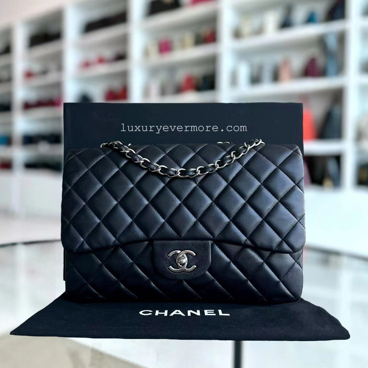 Chanel Jumbo Classic Flap Single Flap Quilted Lambskin Black Silver Hardware Series 14