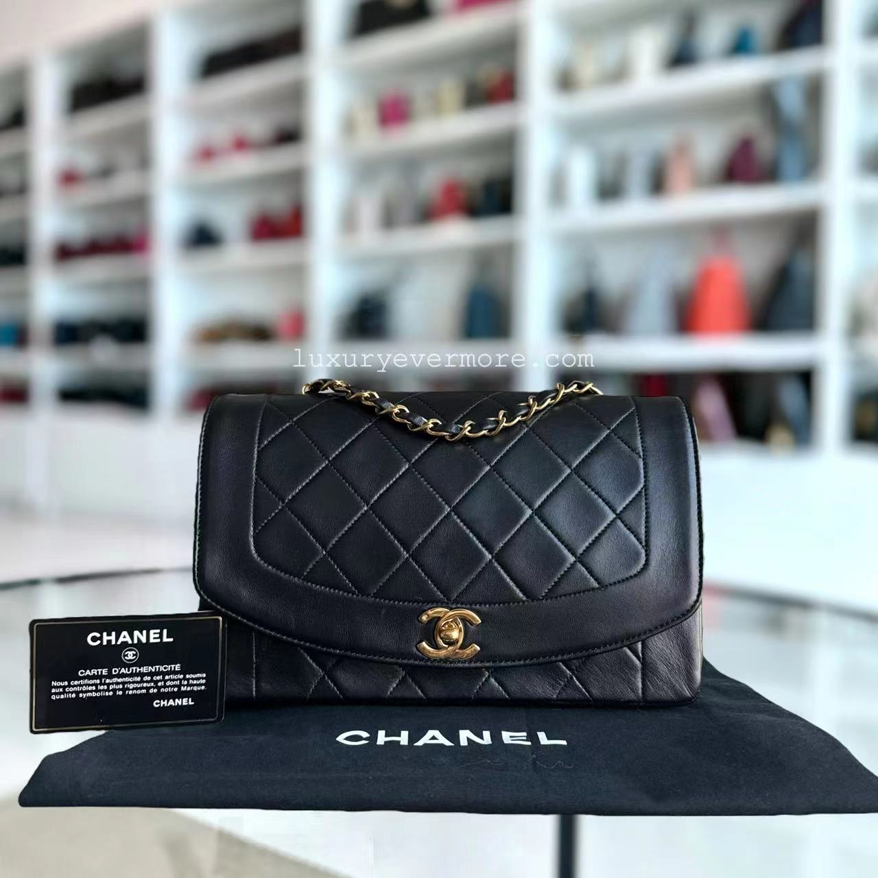 Chanel Diana Bag Vintage Quilted Lambskin Black Golden Hardware Series 2