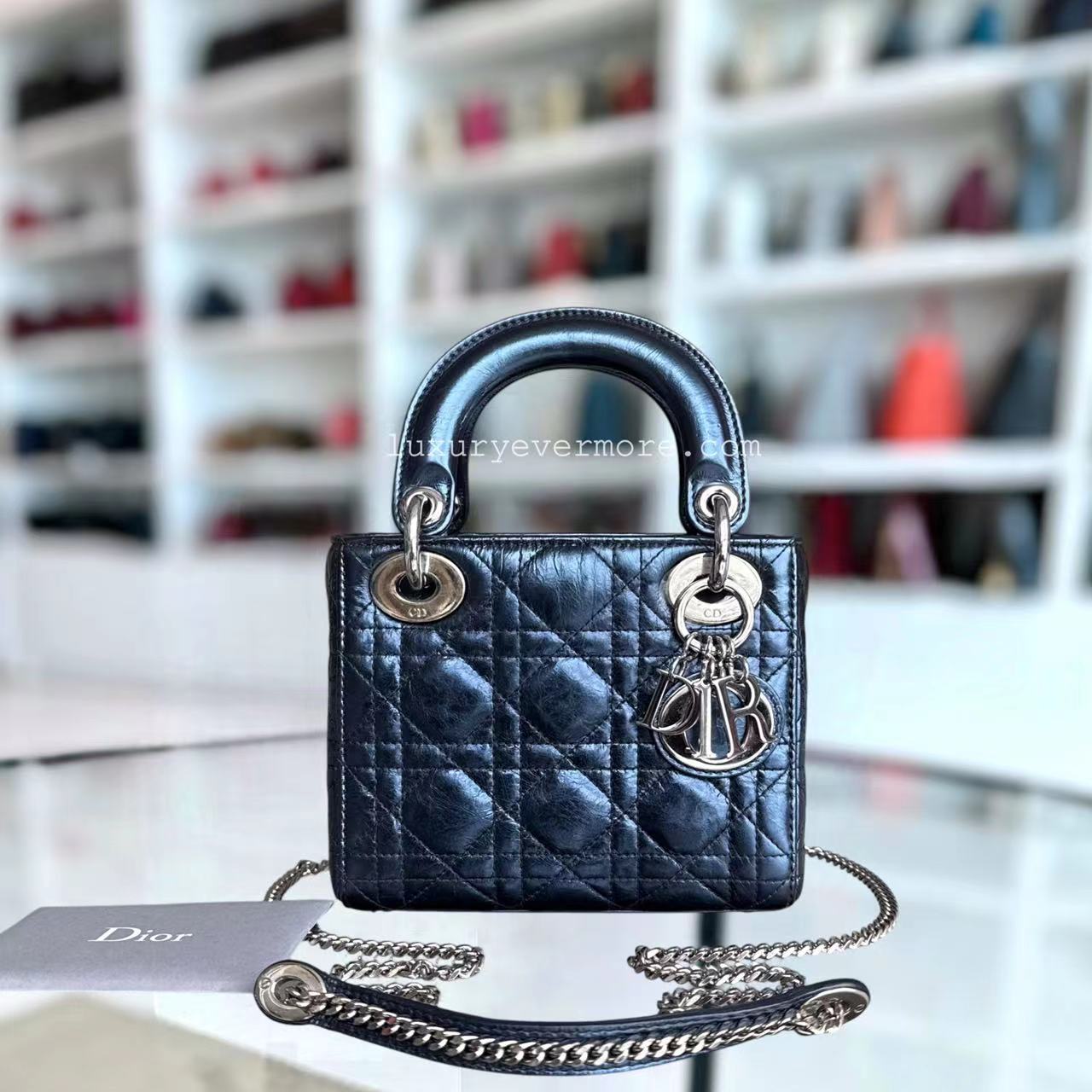 Dior Lady Mini - Glazed Calfskin Metallic Blue Silver Palladium Hardware